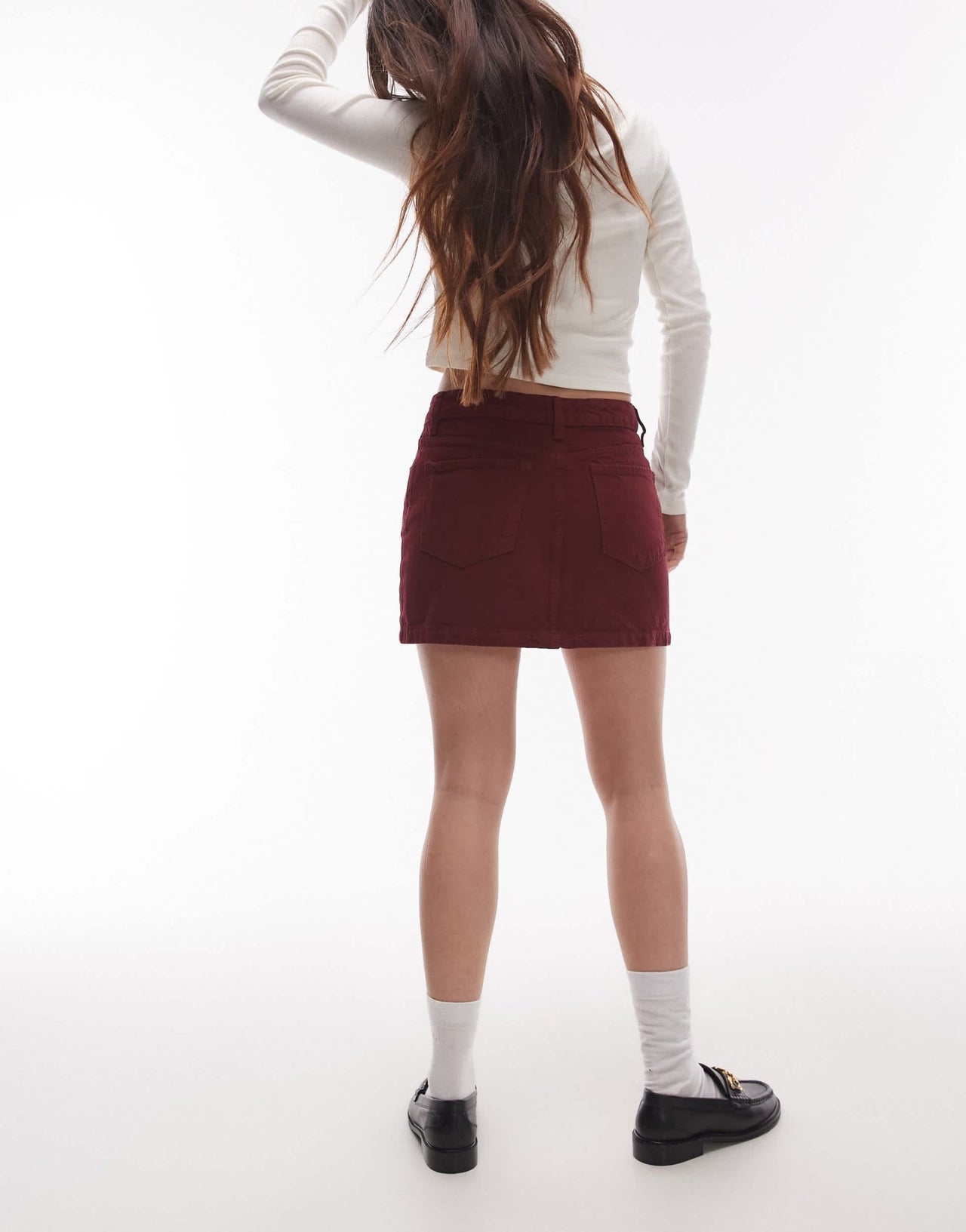 Topshop denim mini pelmet skirt in burgundy - ASOS Sample Sale
