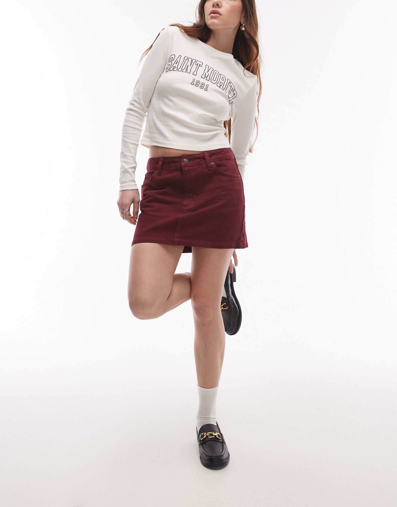 Topshop denim mini pelmet skirt in burgundy - ASOS Sample Sale