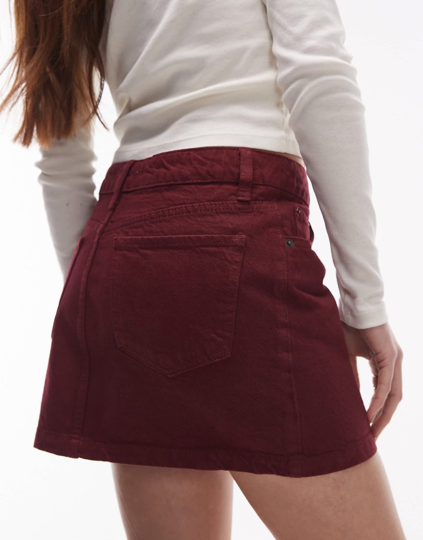Topshop denim mini pelmet skirt in burgundy - ASOS Sample Sale