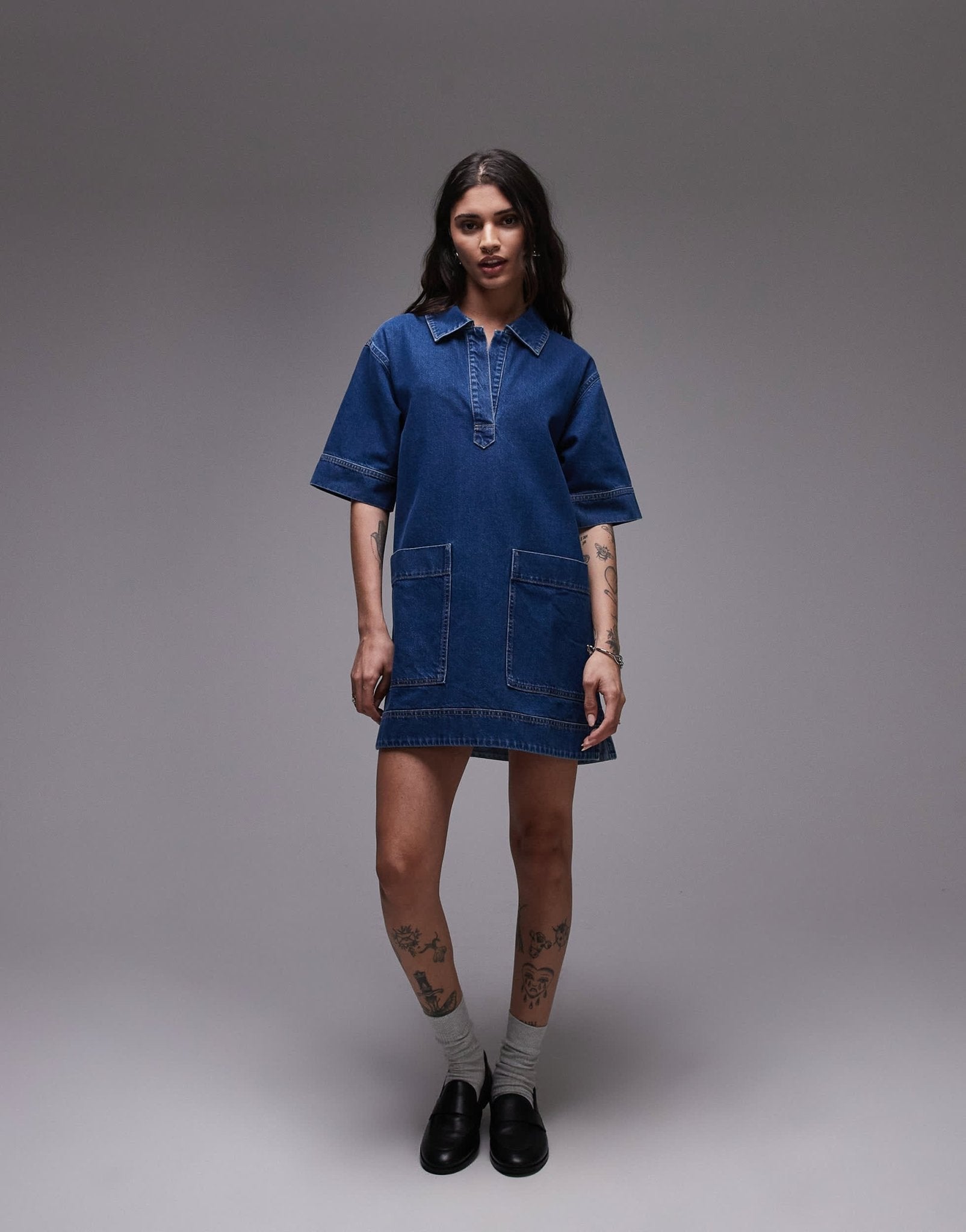 Topshop denim mini pullover short sleeved rugby dress mid blue - ASOS Sample Sale
