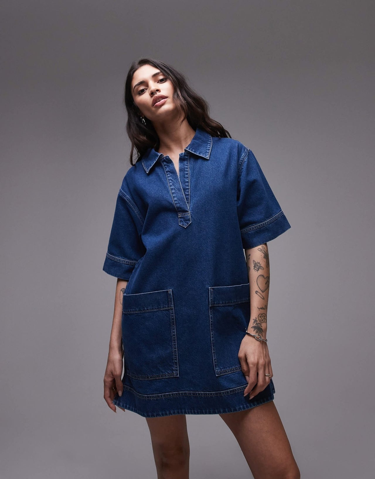 Topshop denim mini pullover short sleeved rugby dress mid blue - ASOS Sample Sale