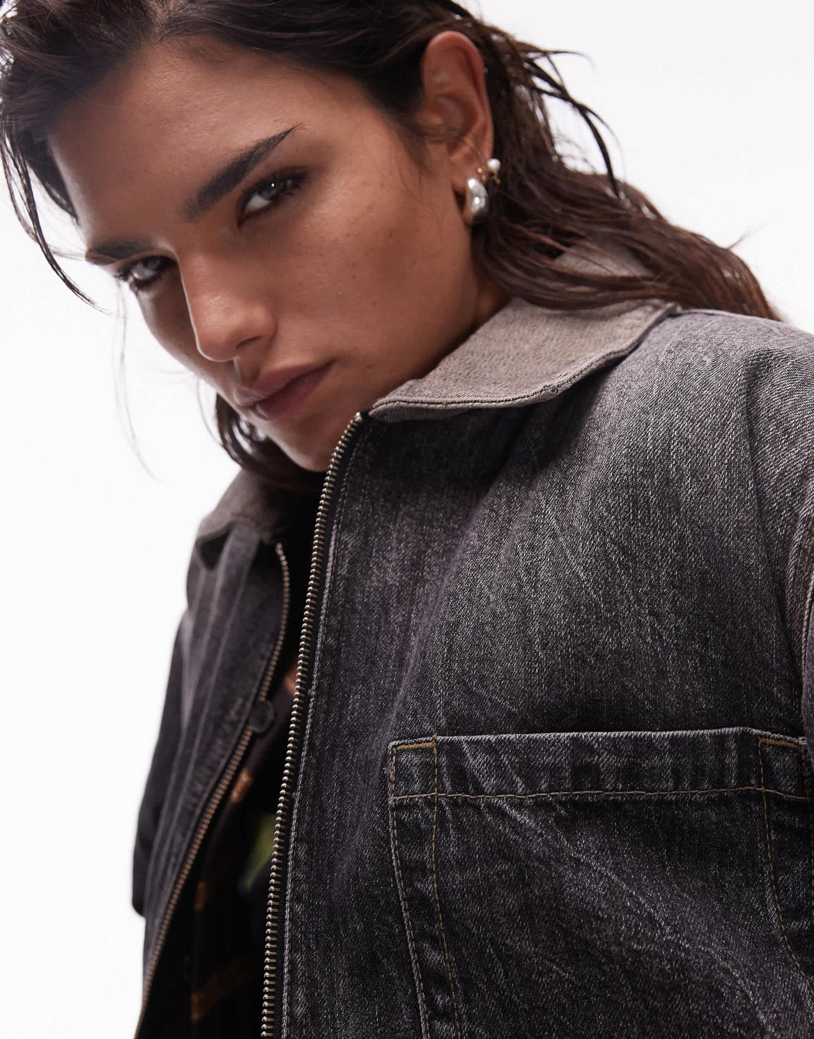 Topshop denim padded barn jacket with contrast collar in black - ASOS Sample Sale