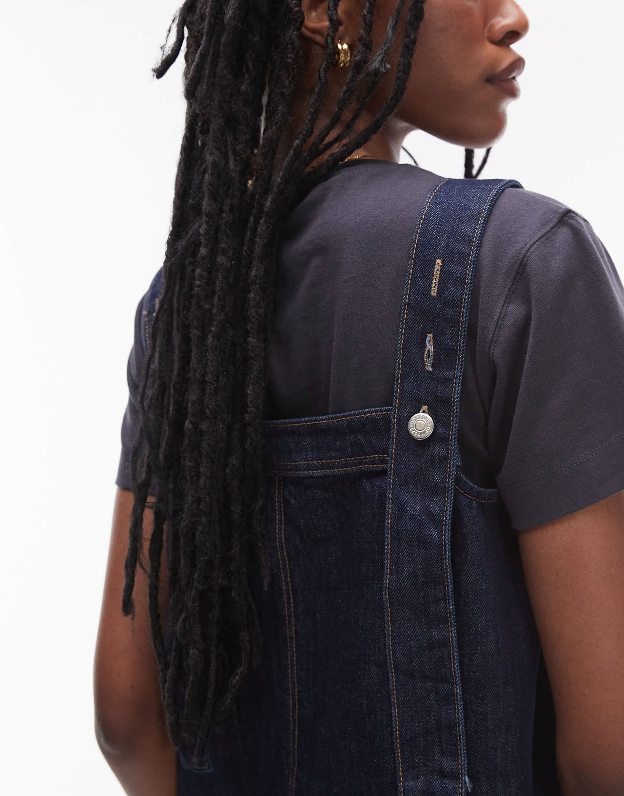 Topshop denim pinny dress with button detail in raw look indigo - ASOS Sample Sale