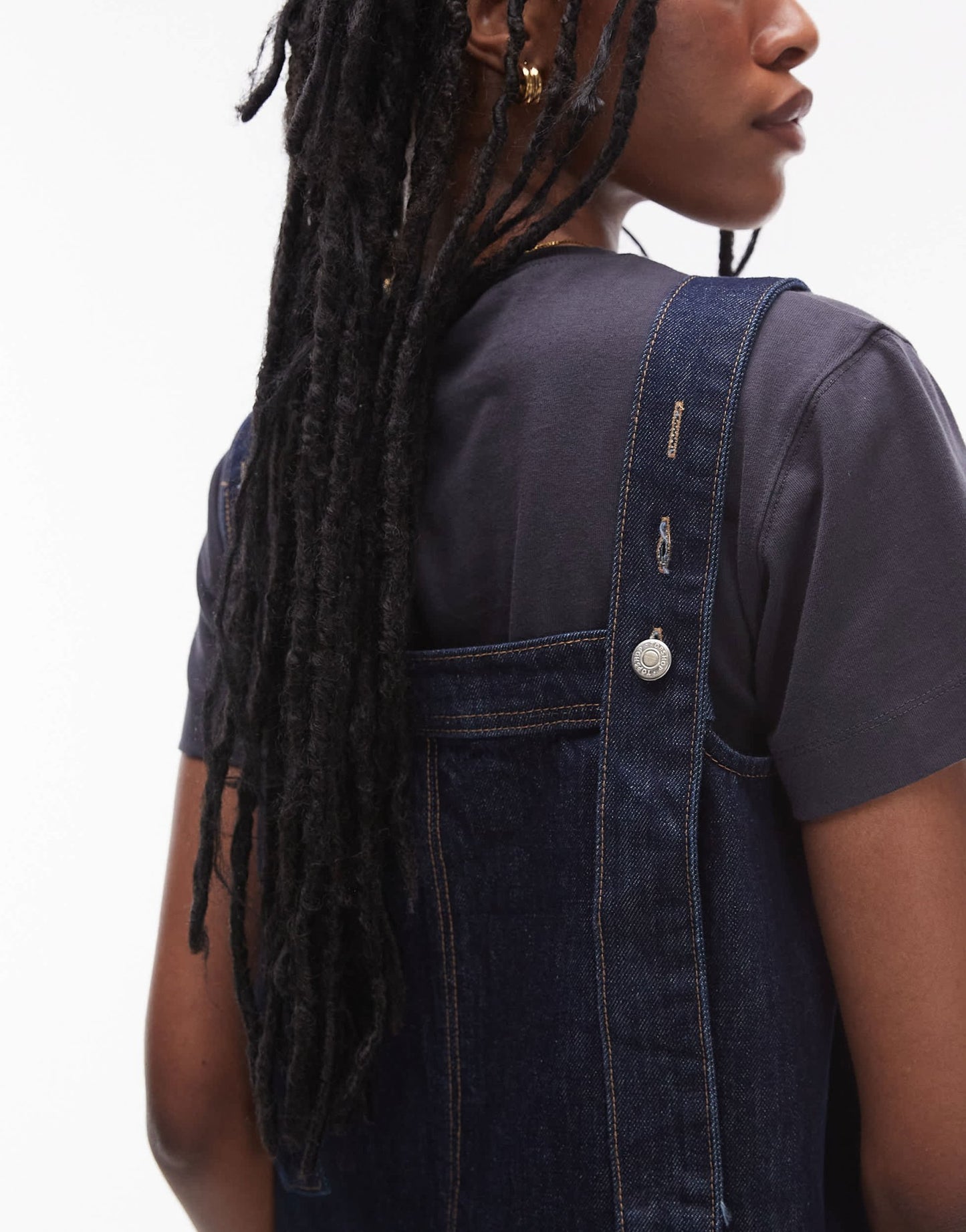 Topshop denim pinny dress with button detail in raw look indigo - ASOS Sample Sale