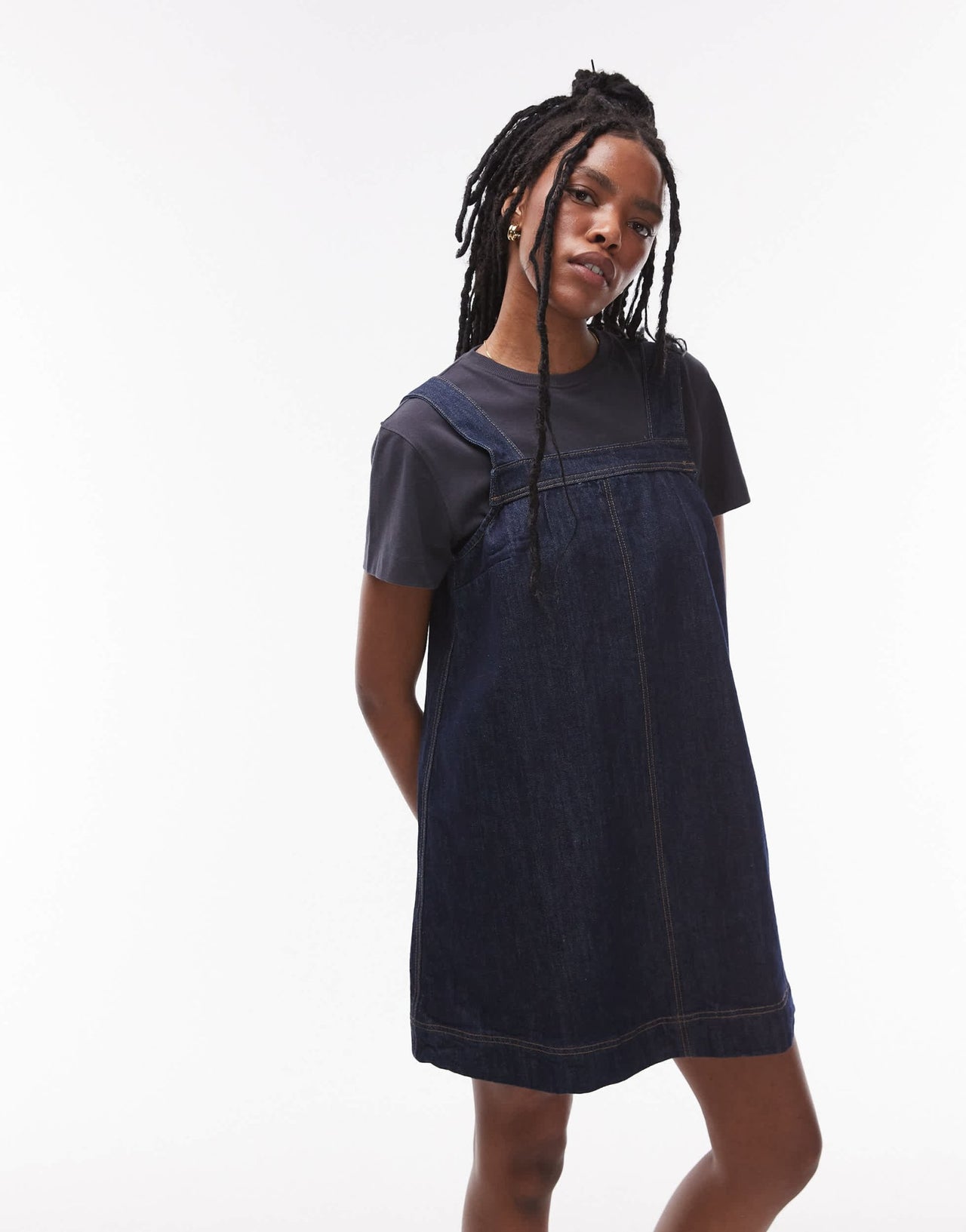 Topshop denim pinny dress with button detail in raw look indigo - ASOS Sample Sale