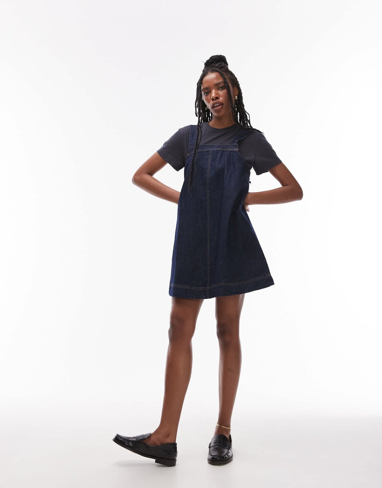 Topshop denim pinny dress with button detail in raw look indigo - ASOS Sample Sale