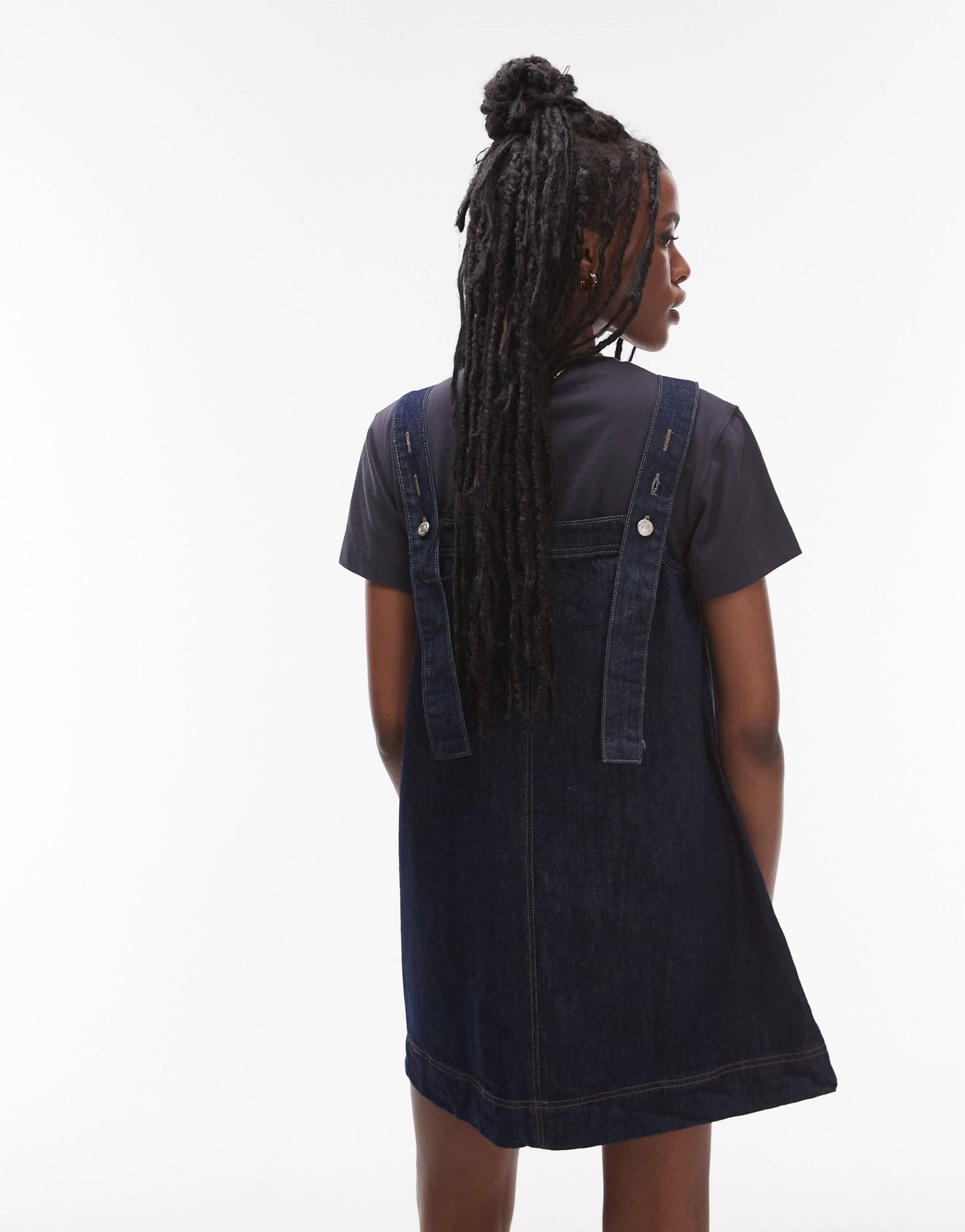 Topshop denim pinny dress with button detail in raw look indigo - ASOS Sample Sale