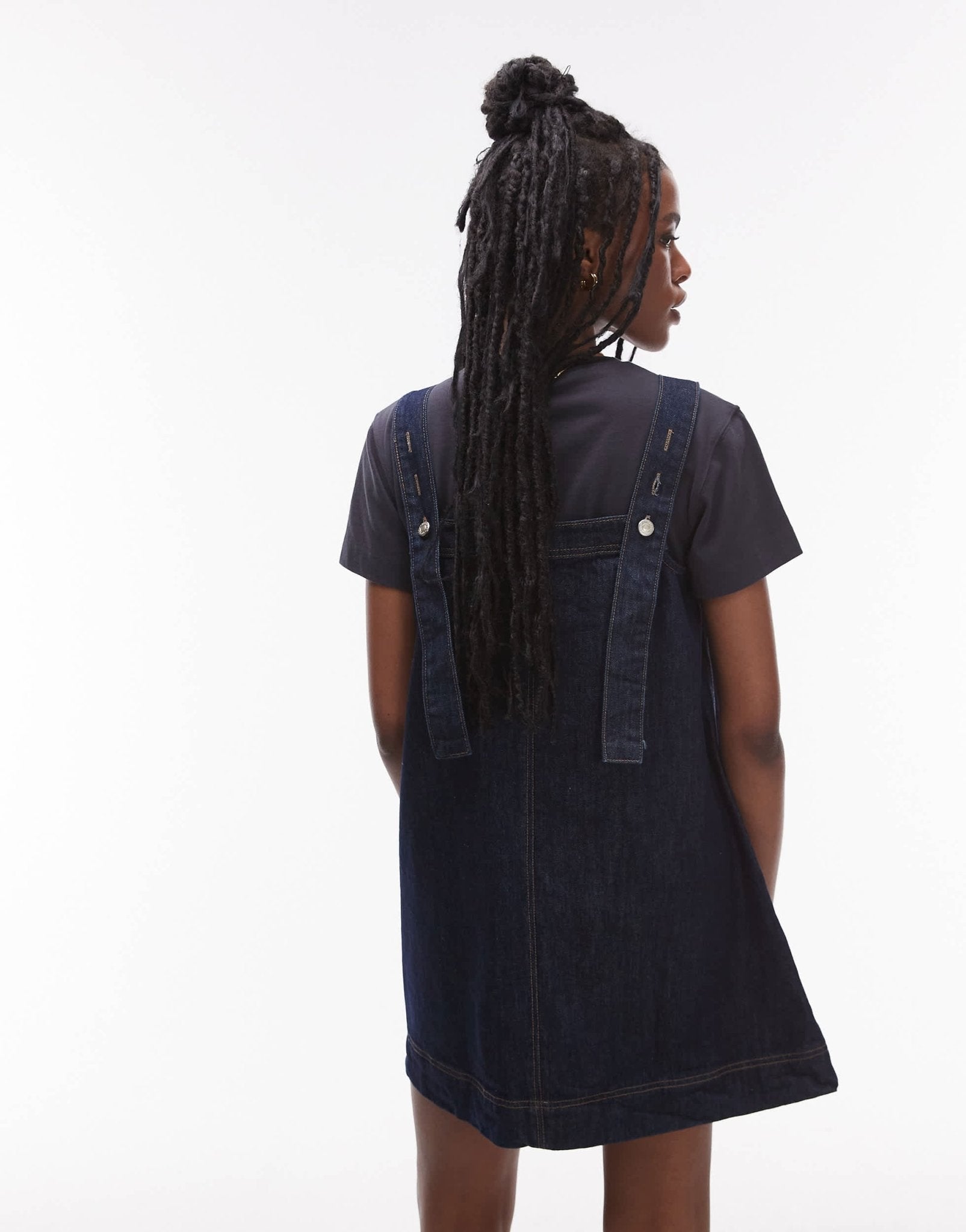 Topshop denim pinny dress with button detail in raw look indigo - ASOS Sample Sale