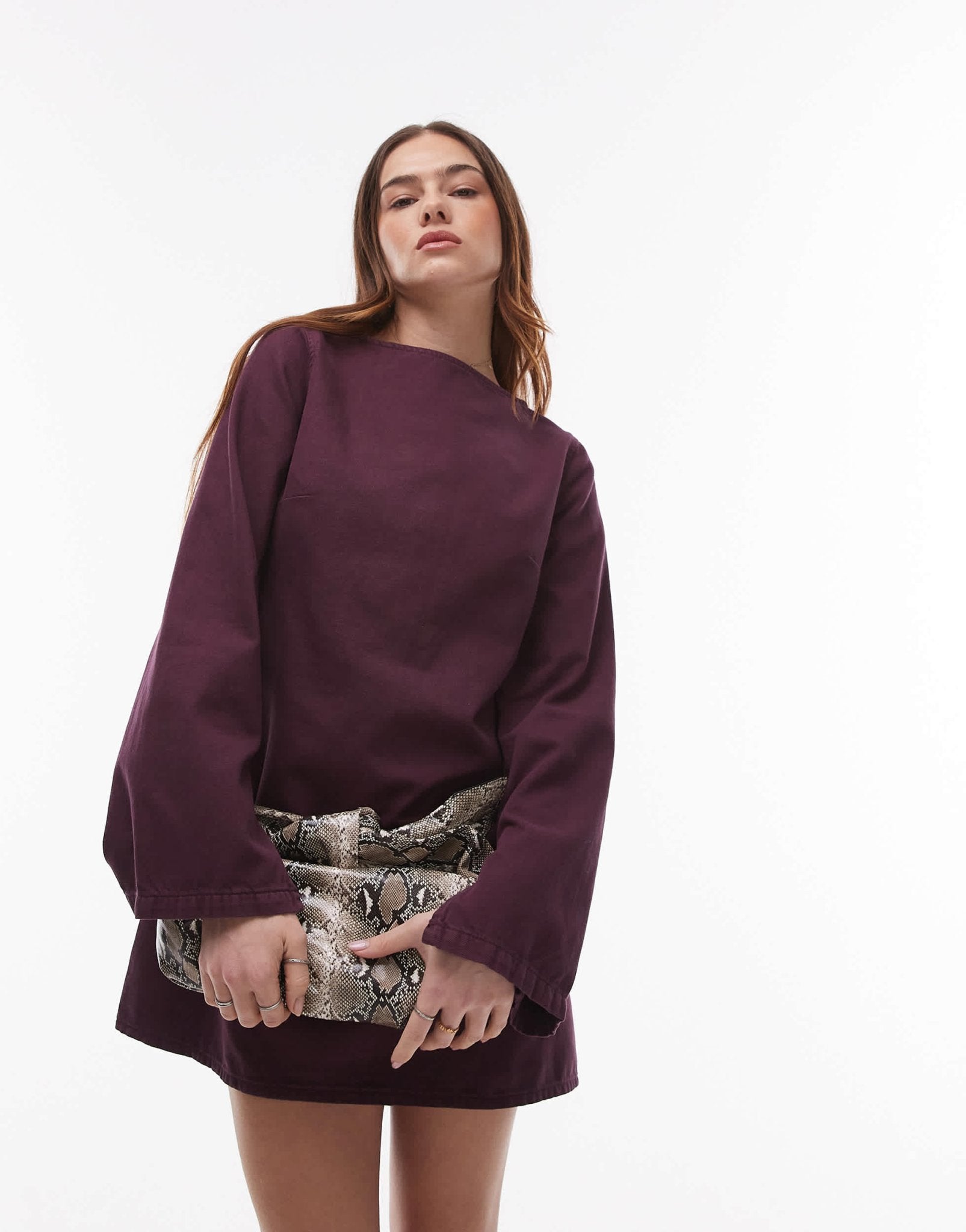 Topshop denim slash neck long sleeve dress in aubergine - ASOS Sample Sale