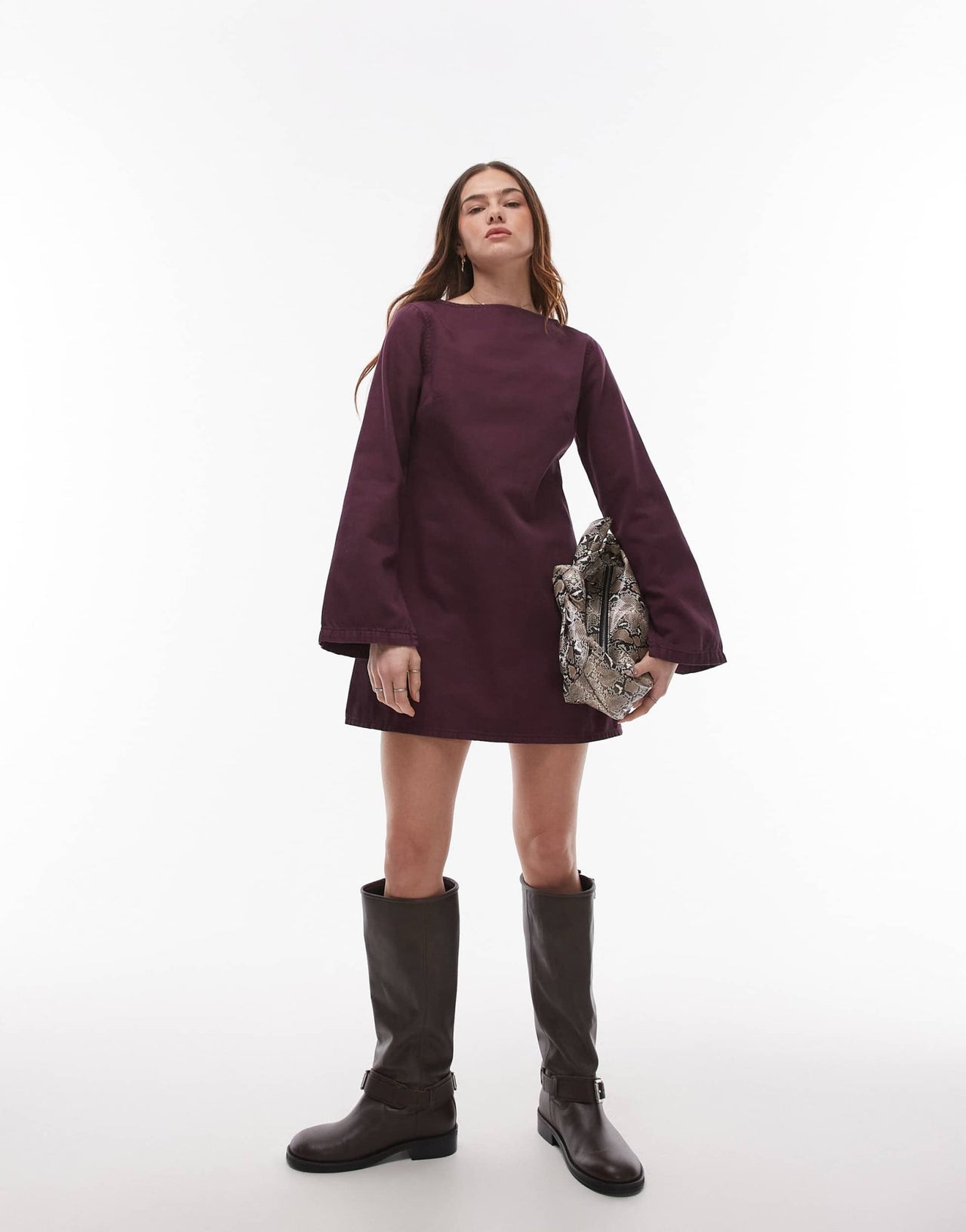 Topshop denim slash neck long sleeve dress in aubergine - ASOS Sample Sale