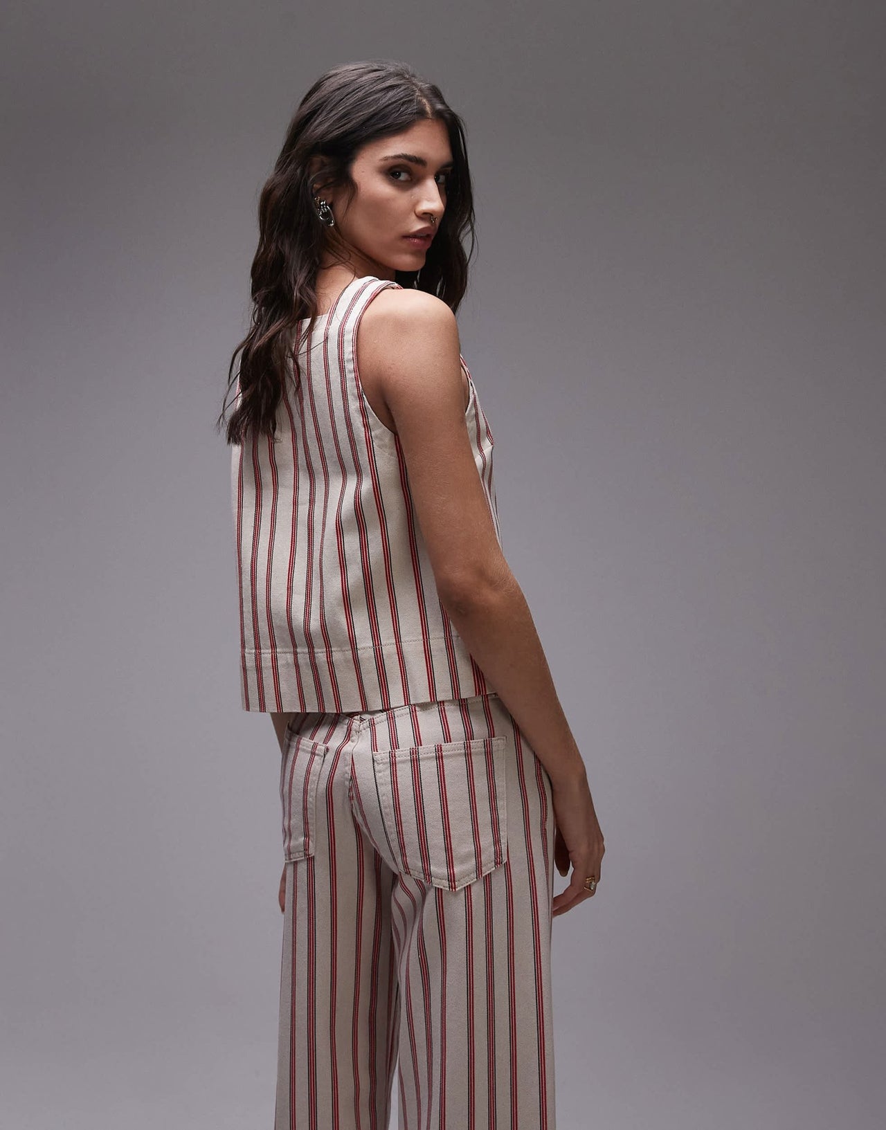 Topshop denim square neck shell top in red stripe - ASOS Sample Sale
