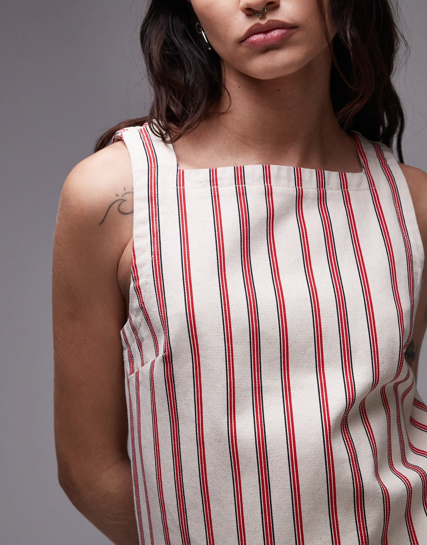 Topshop denim square neck shell top in red stripe - ASOS Sample Sale