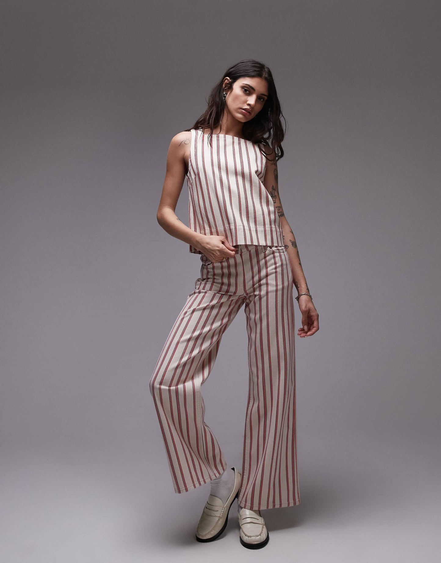 Topshop denim square neck shell top in red stripe - ASOS Sample Sale