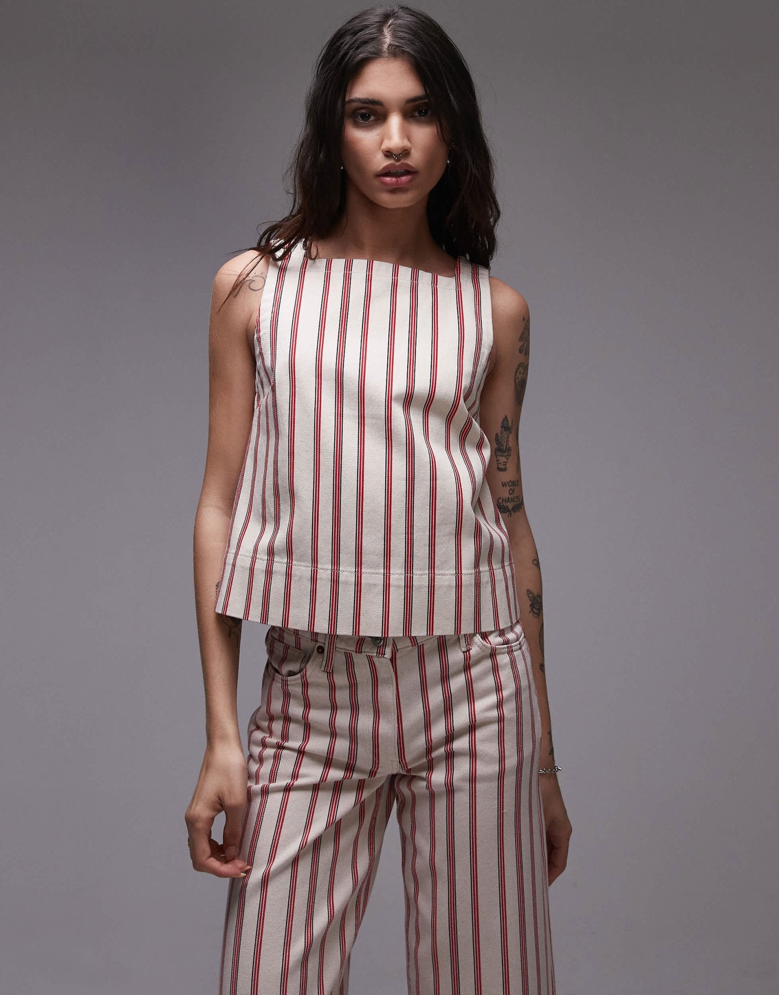 Topshop denim square neck shell top in red stripe - ASOS Sample Sale