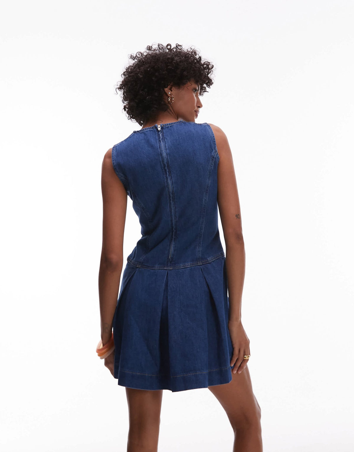 Topshop denim v neck box pleat mini dress in mid blue - ASOS Sample Sale