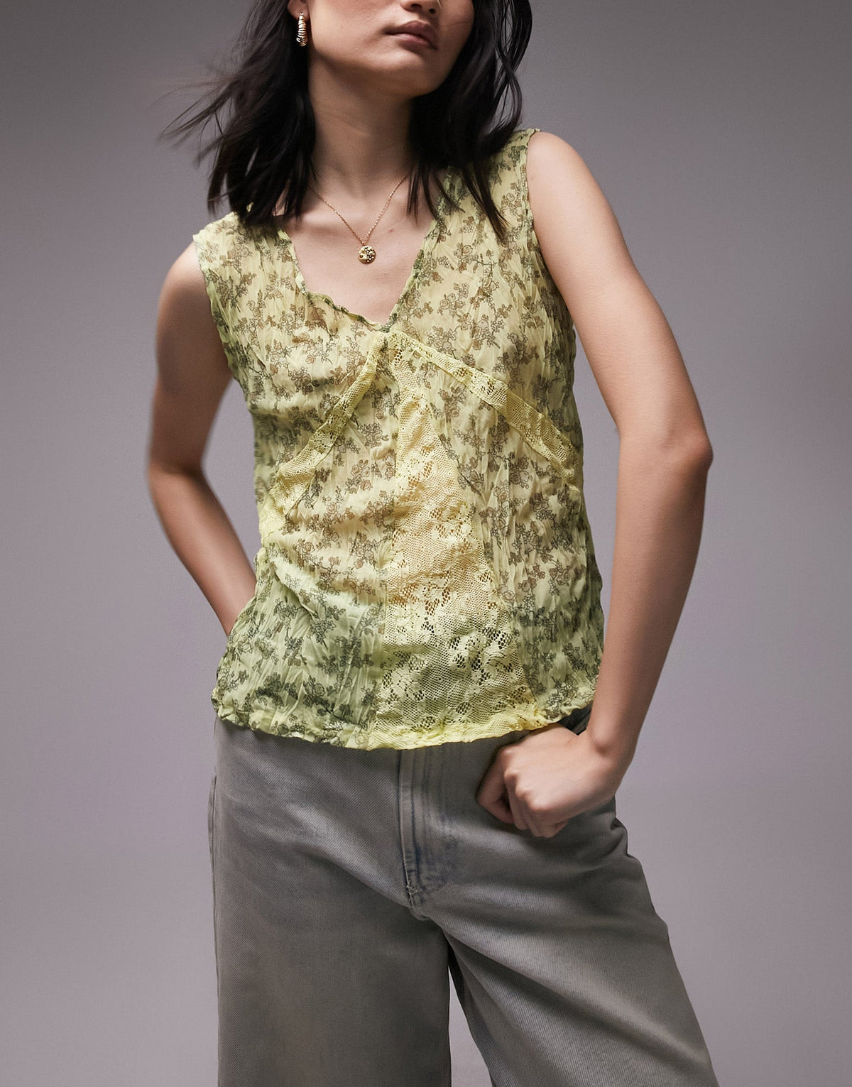 Topshop ditsy floral crinkle lace tank top in yellow - ASOS Sample Sale