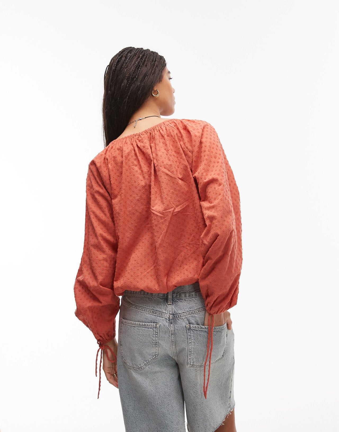 Topshop dobby ruched neck tie front top in rust - ASOS Sample Sale