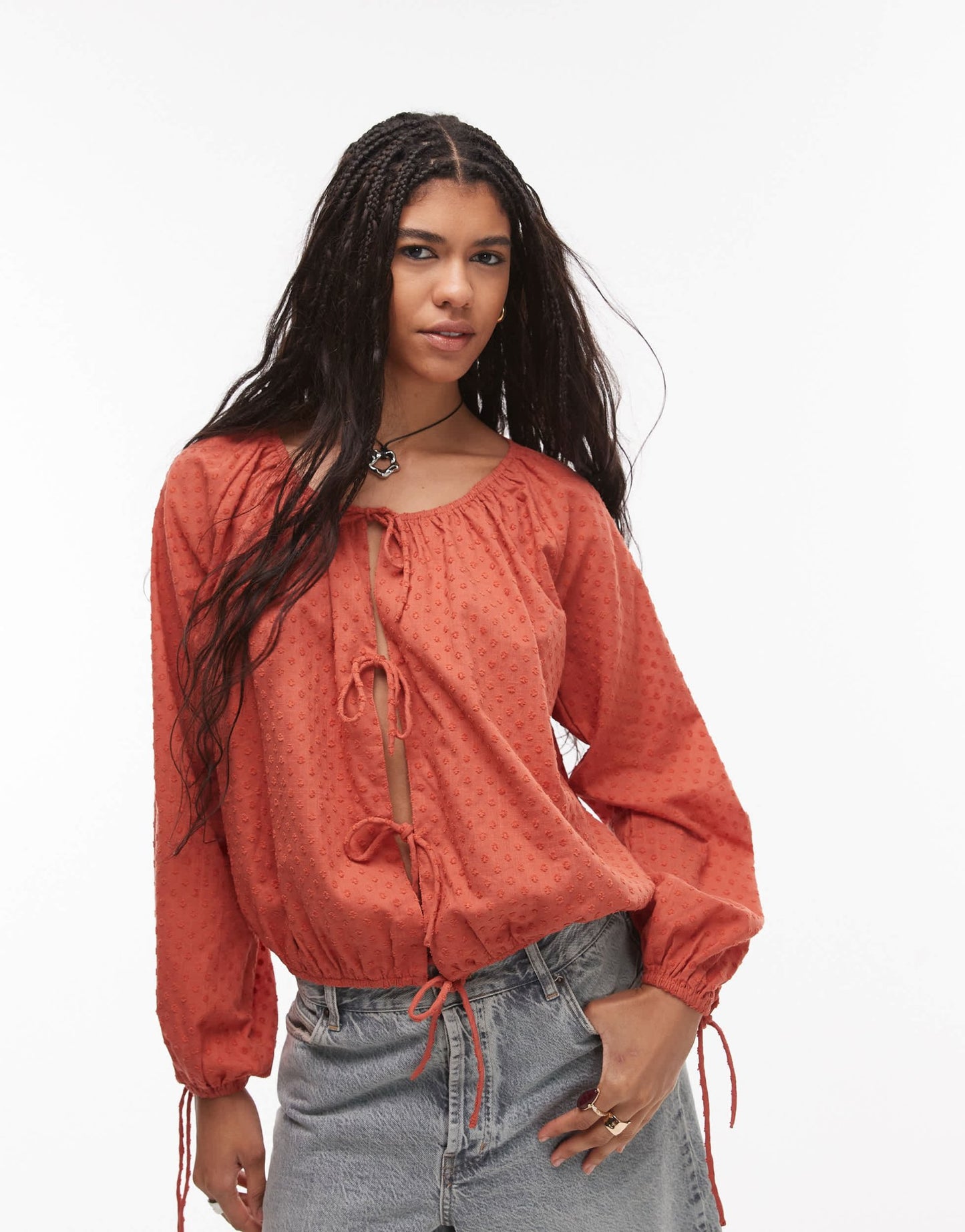 Topshop dobby ruched neck tie front top in rust - ASOS Sample Sale