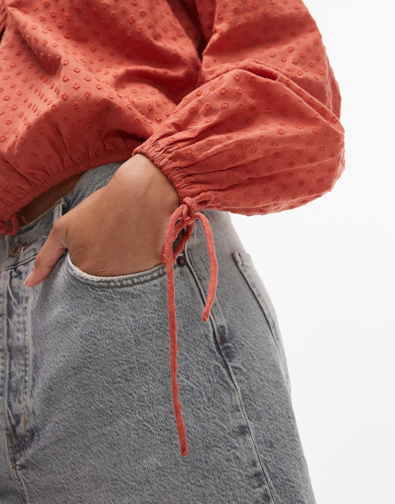 Topshop dobby ruched neck tie front top in rust - ASOS Sample Sale