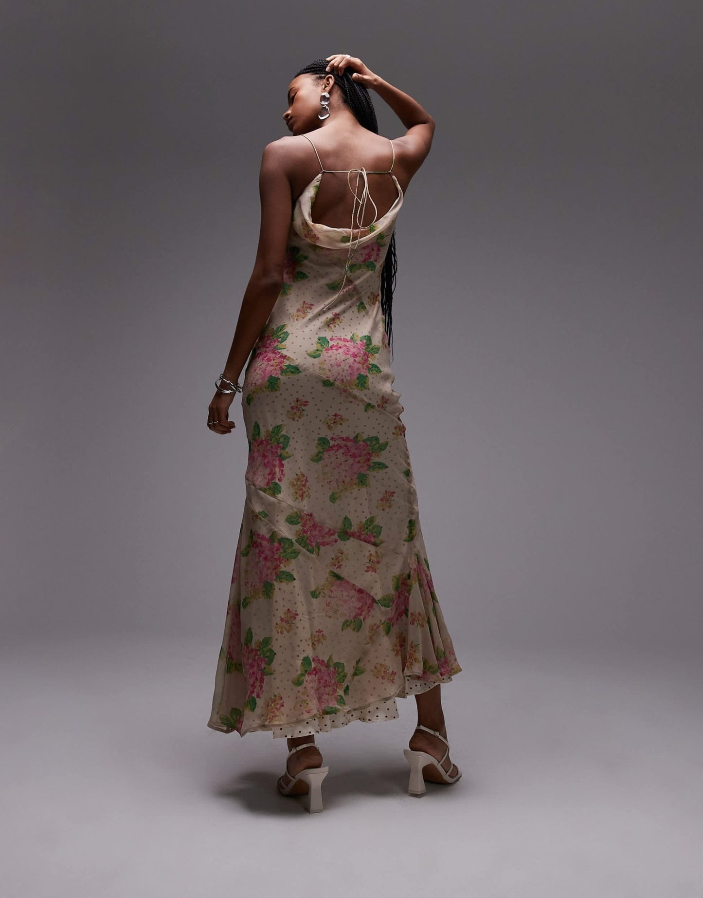 Topshop double layered satin and chiffon maxi slip dress in print ivory and pink rose - ASOS Sample Sale