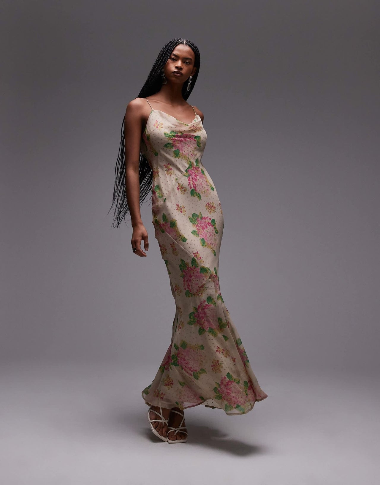 Topshop double layered satin and chiffon maxi slip dress in print ivory and pink rose - ASOS Sample Sale