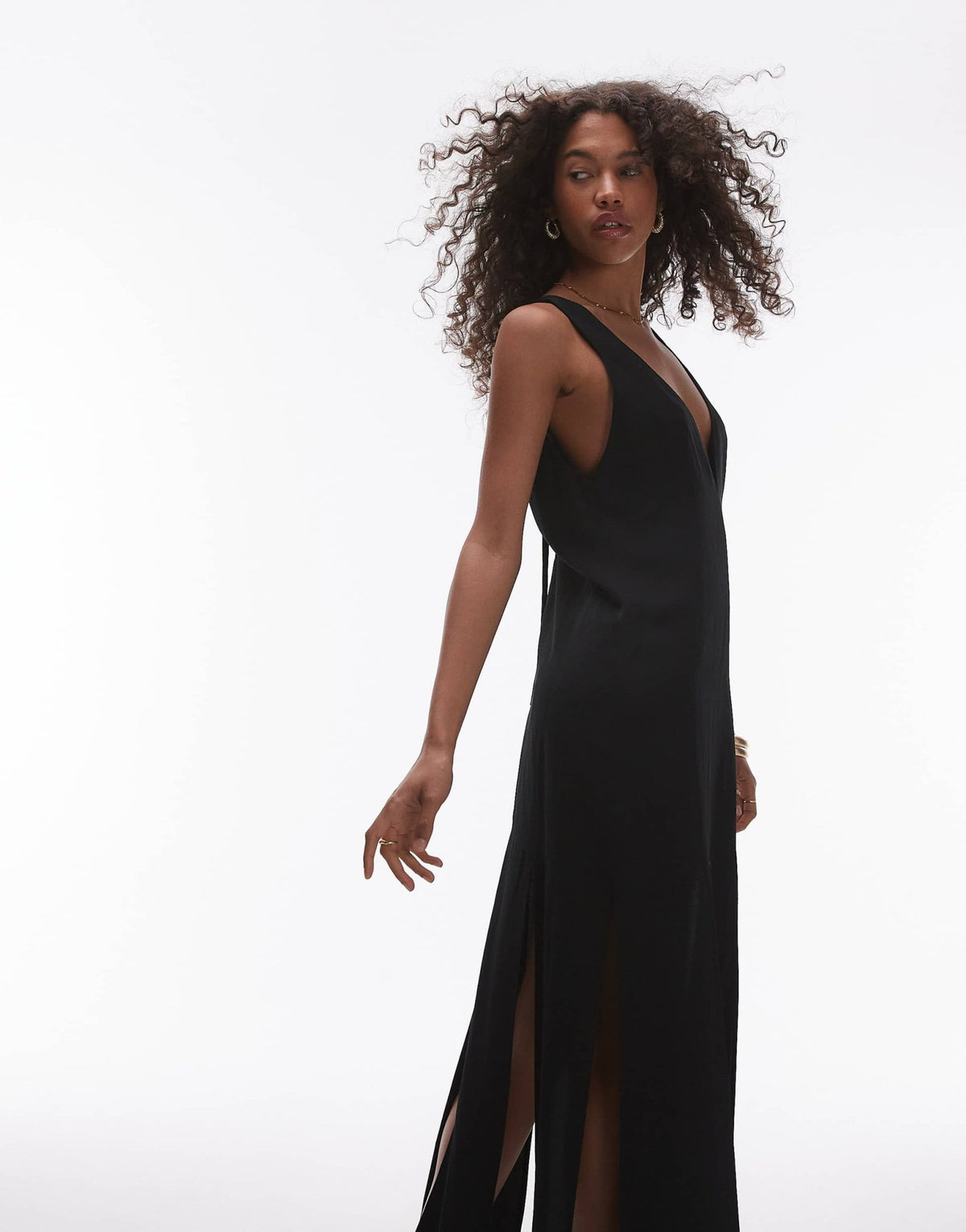 Topshop double v neck split hem midi dress in black - ASOS Sample Sale