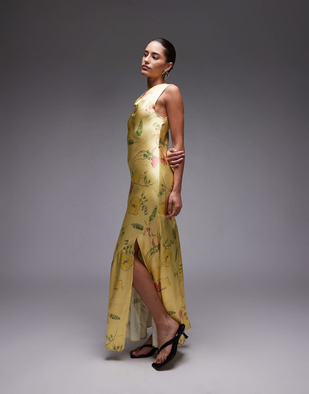 Topshop drape neck maxi dress in lime based floral - ASOS Sample Sale