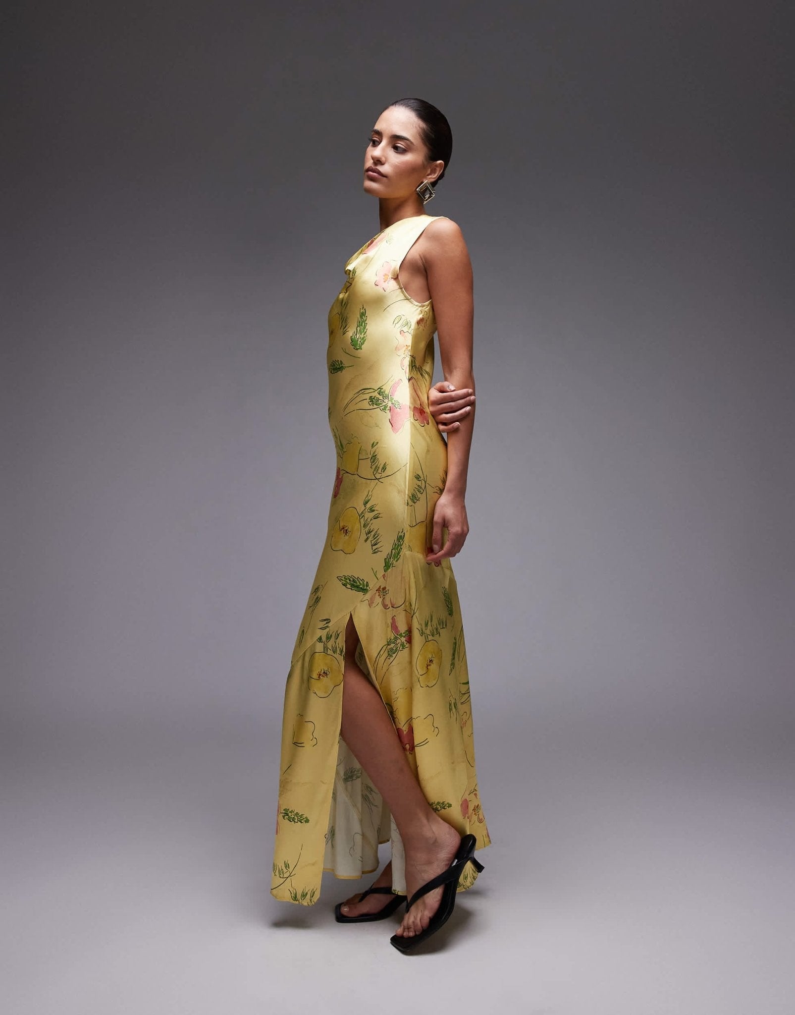Topshop drape neck maxi dress in lime based floral - ASOS Sample Sale