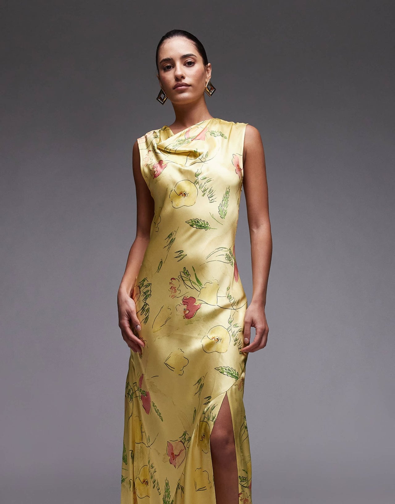 Topshop drape neck maxi dress in lime based floral - ASOS Sample Sale