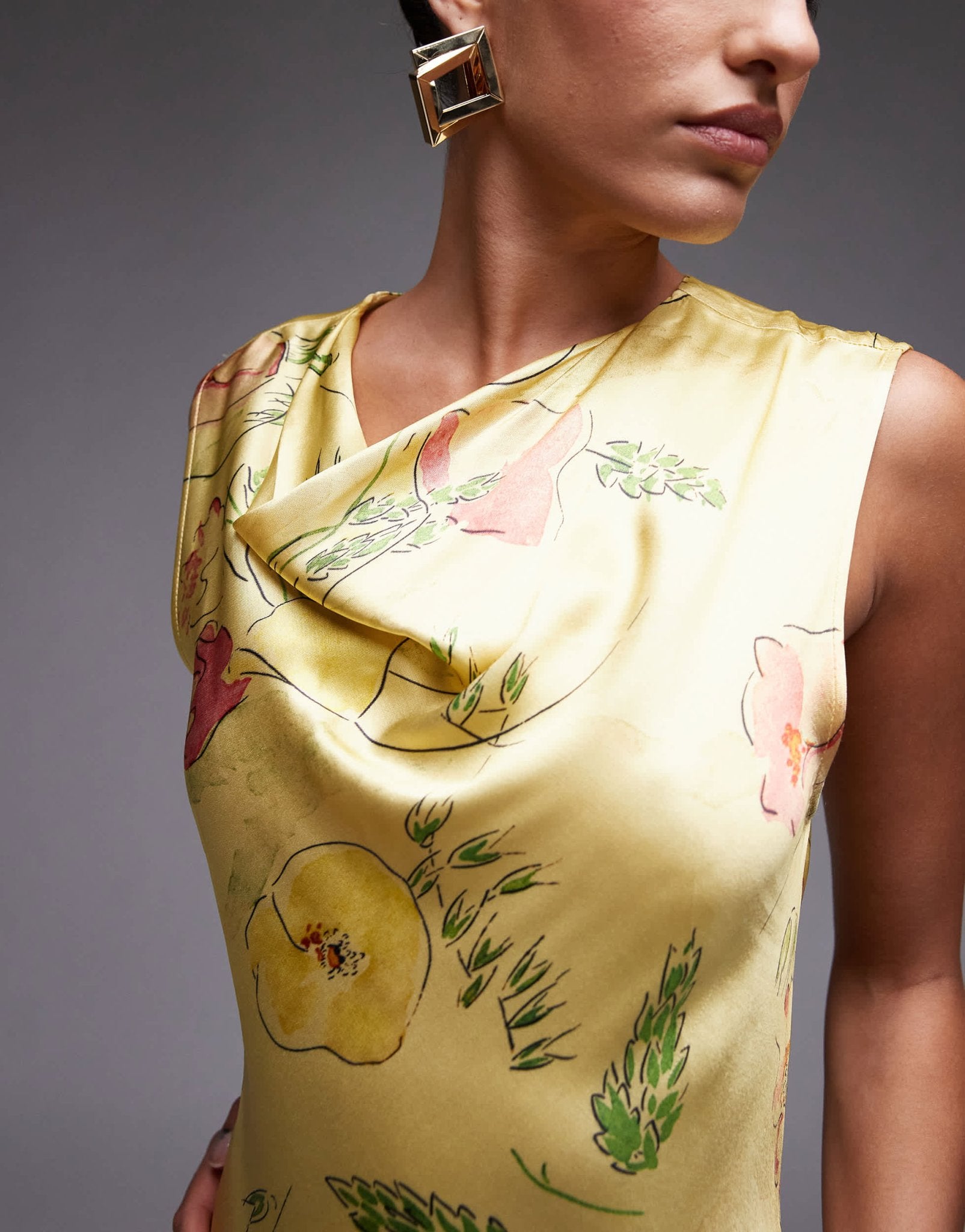 Topshop drape neck maxi dress in lime based floral - ASOS Sample Sale