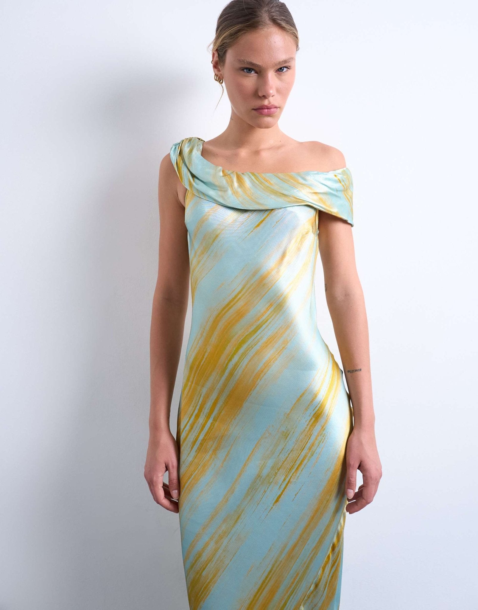 Topshop drape shoulder maxi occasion dress in blurred rust print - ASOS Sample Sale