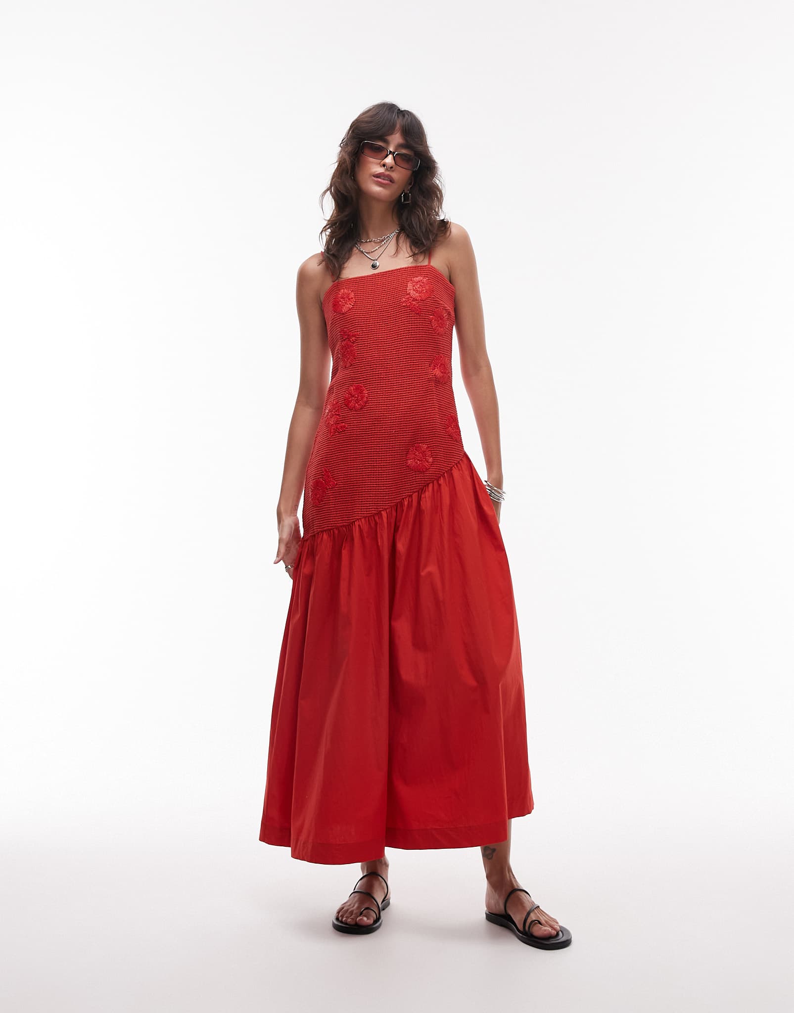 Topshop dropped waist raffia bodest midi sundress in red - ASOS Sample Sale