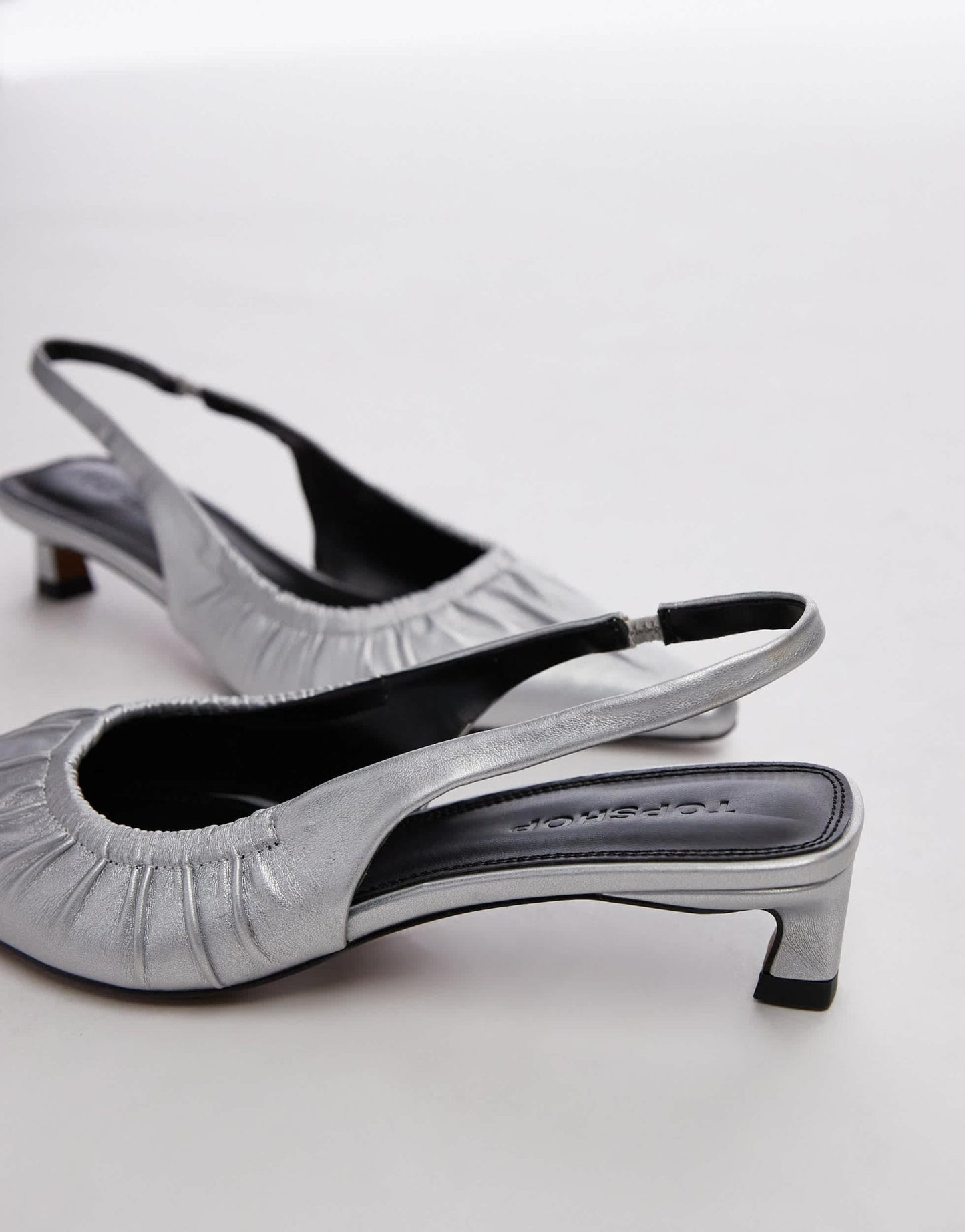 Topshop Ely mid heel ruched slingbacks in silver - ASOS Sample Sale