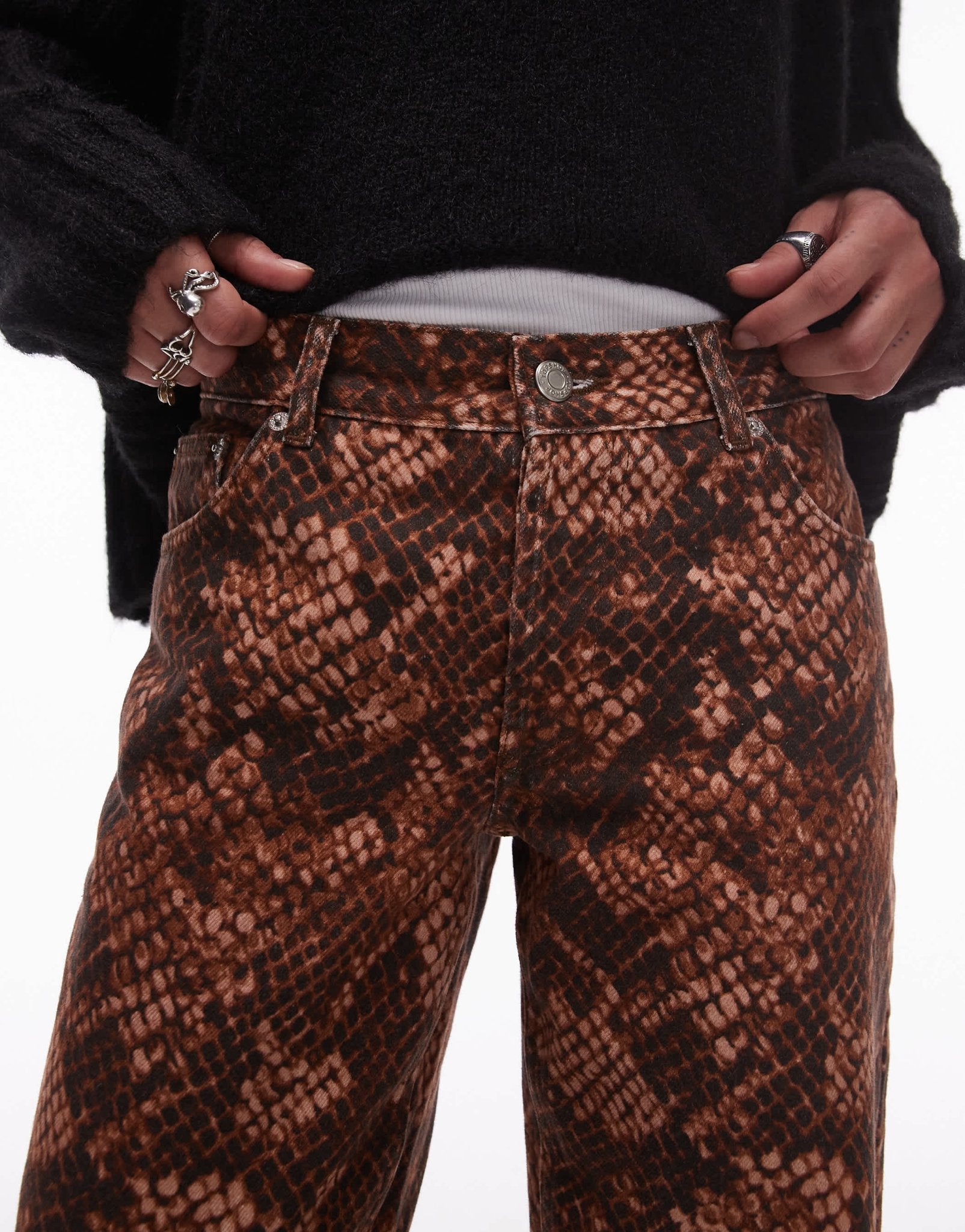Topshop Ember low rise straight leg jean in brown snake print - ASOS Sample Sale