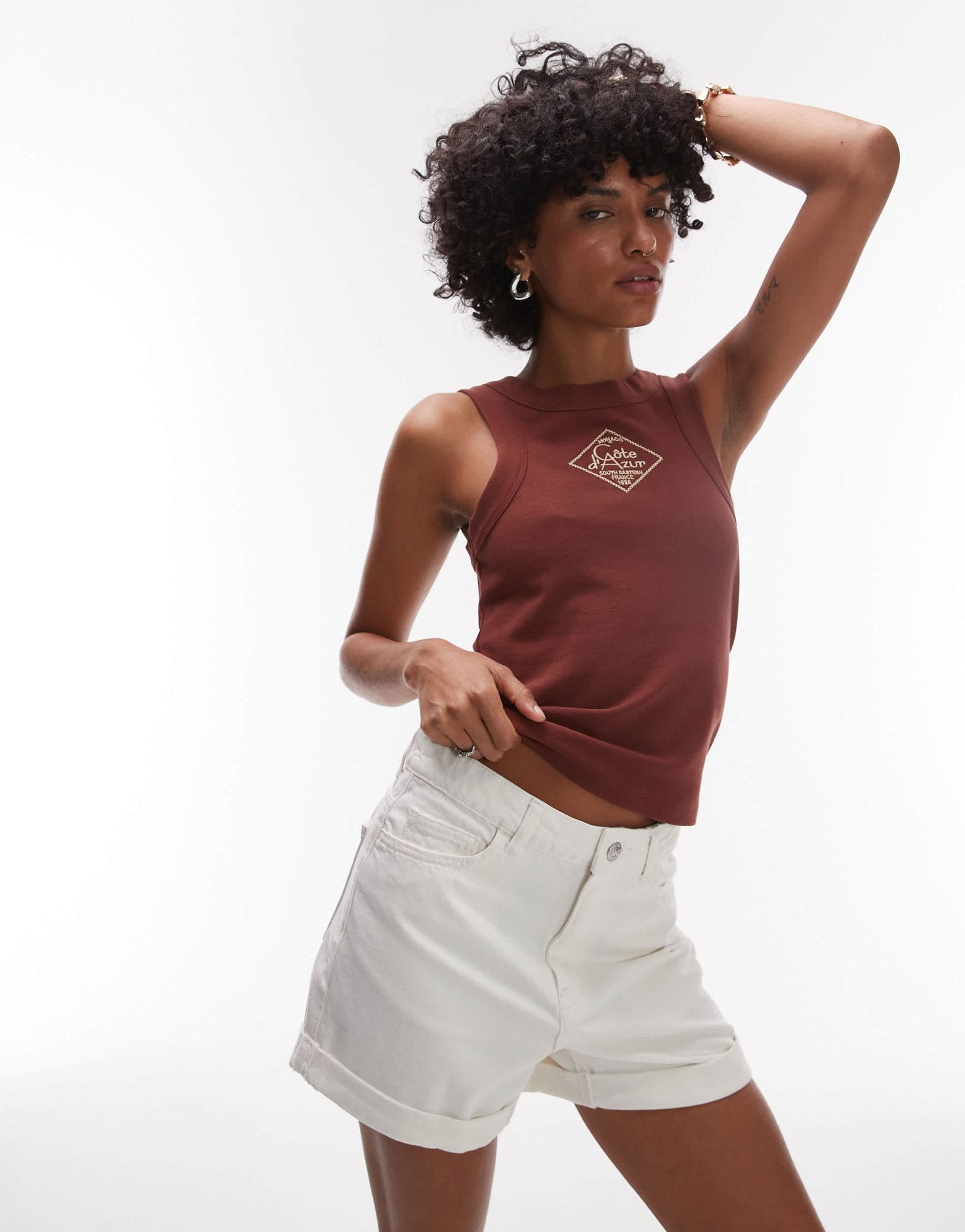 Topshop embroidered Cote D'Azur tank in brown - ASOS Sample Sale