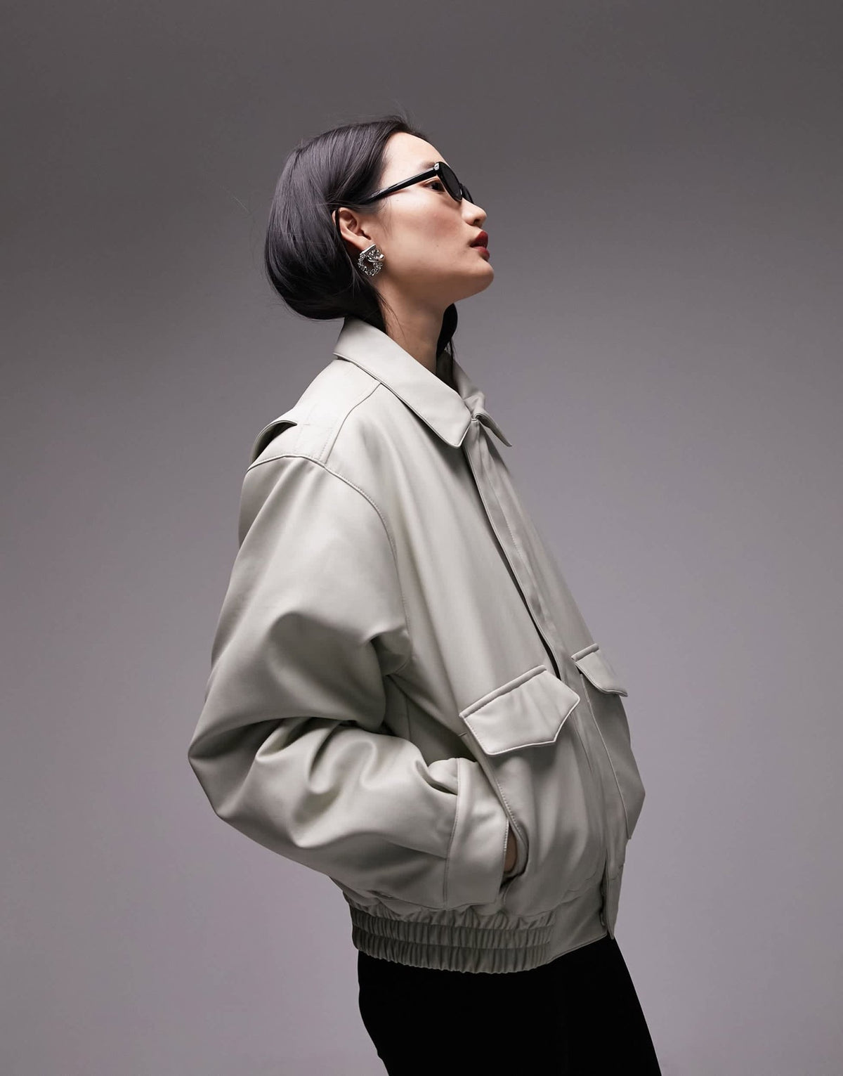 Topshop faux leather bomber jacket in sage - ASOS Sample Sale