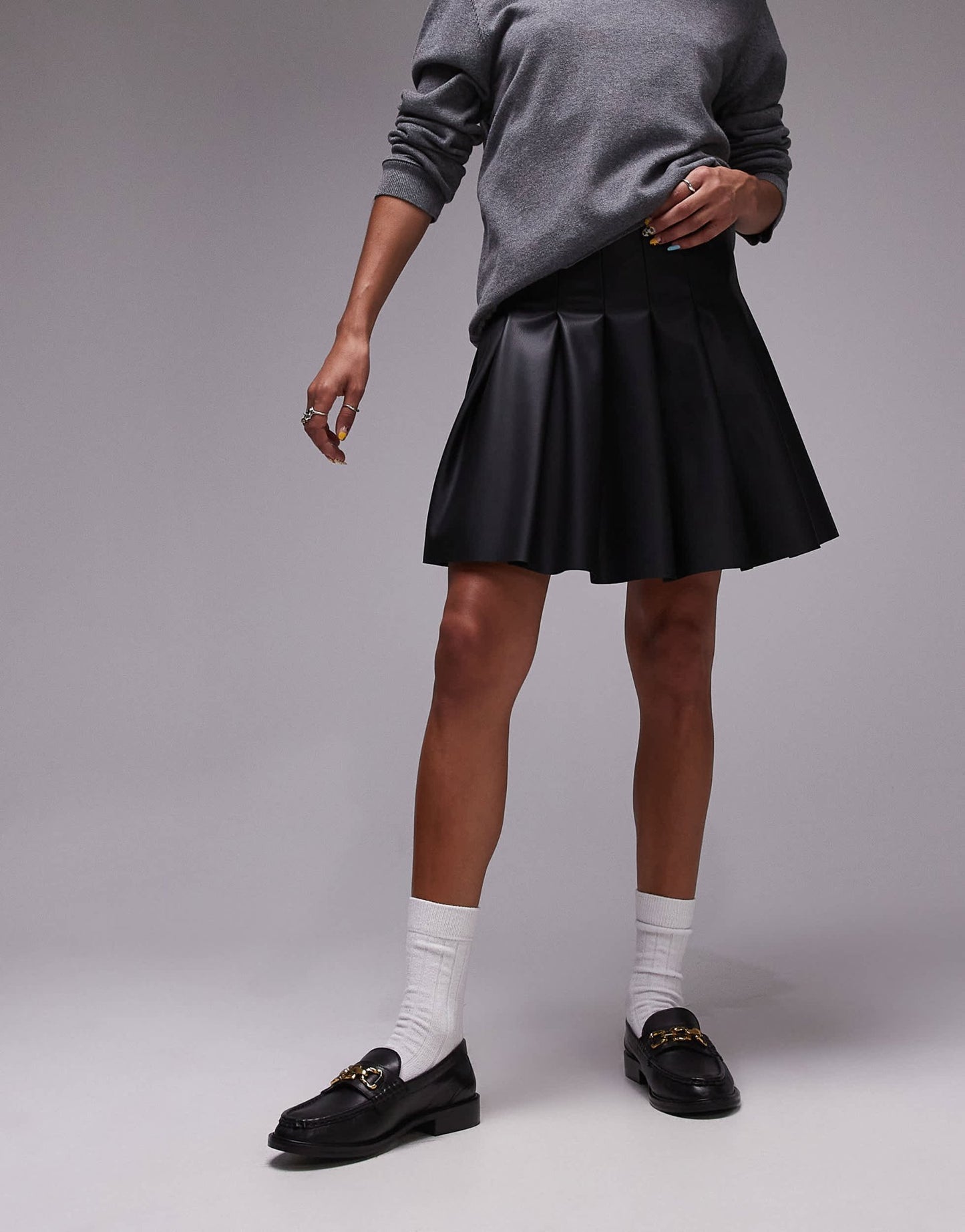 Topshop faux leather clean pleat mini skirt in black - ASOS Sample Sale