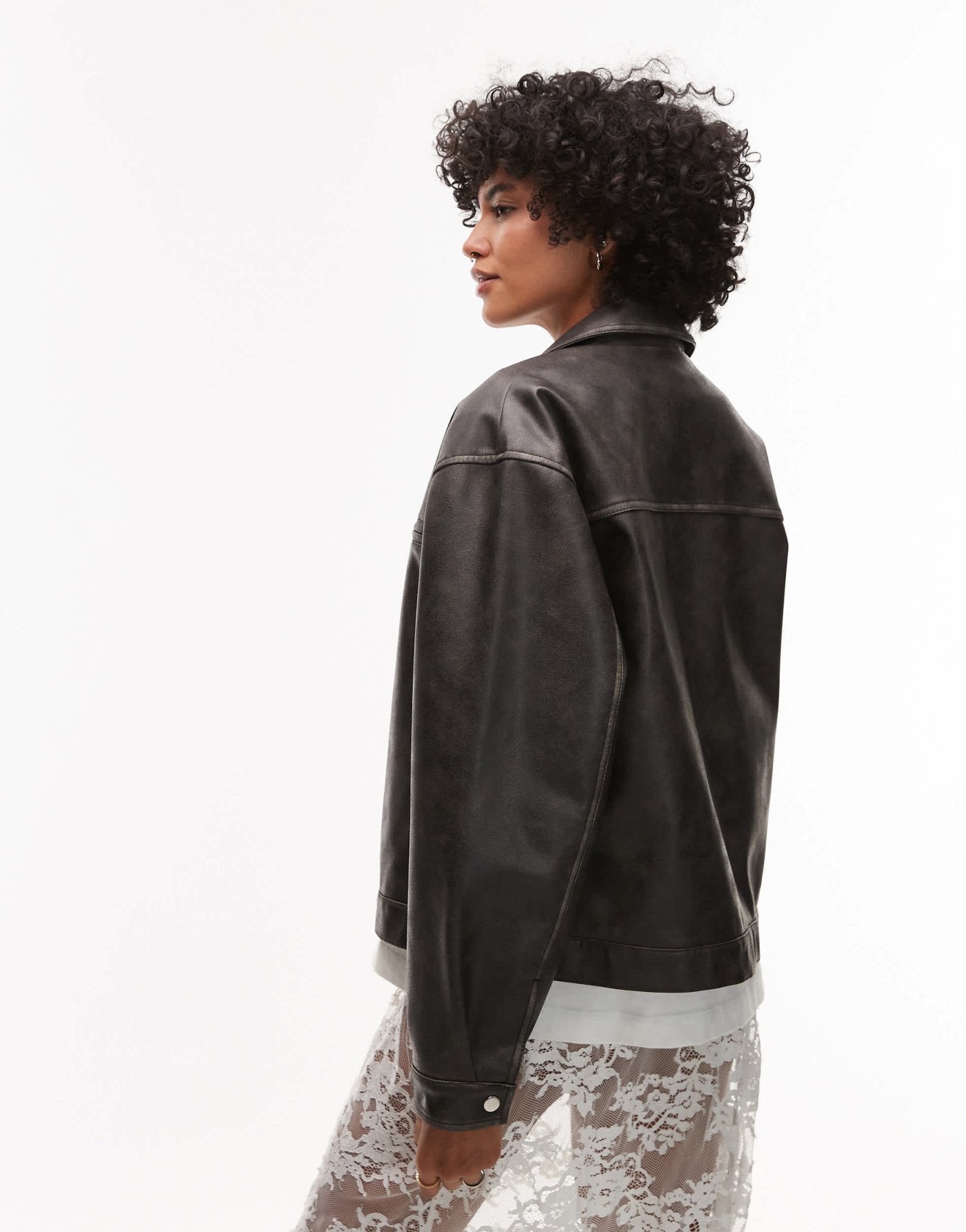 Topshop faux leather cropped button down jacket in washed black - ASOS Sample Sale