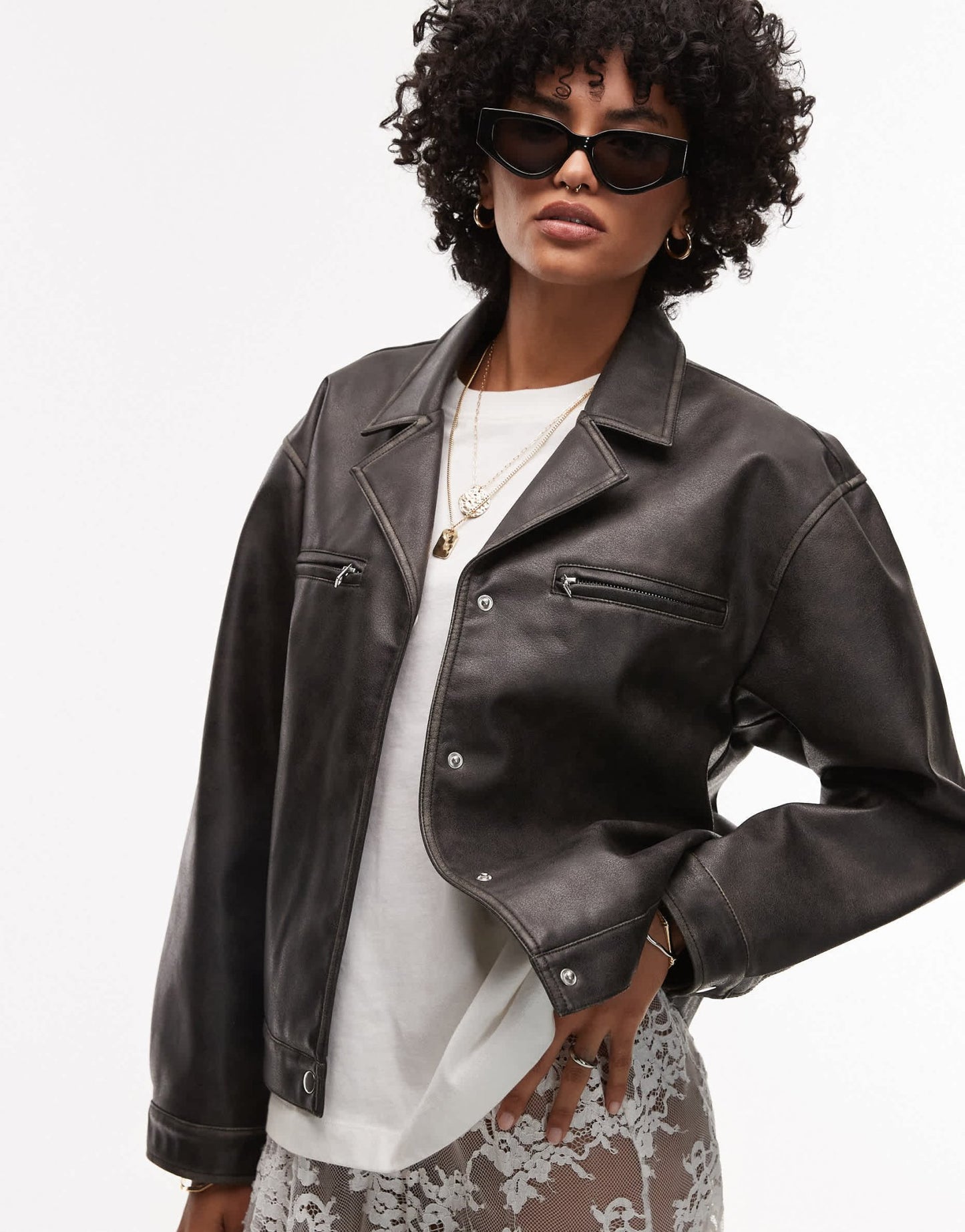 Topshop faux leather cropped button down jacket in washed black - ASOS Sample Sale