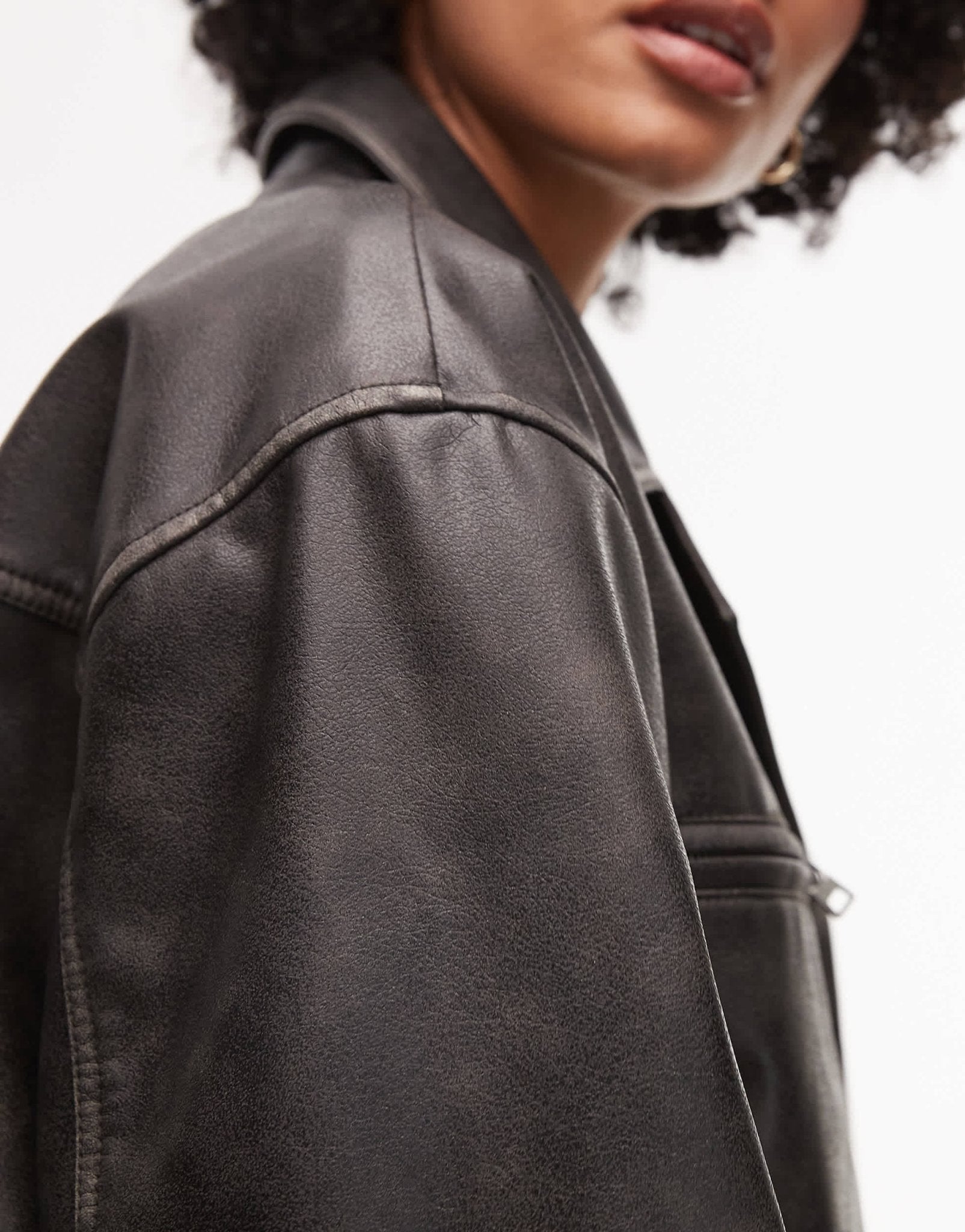 Topshop faux leather cropped button down jacket in washed black - ASOS Sample Sale