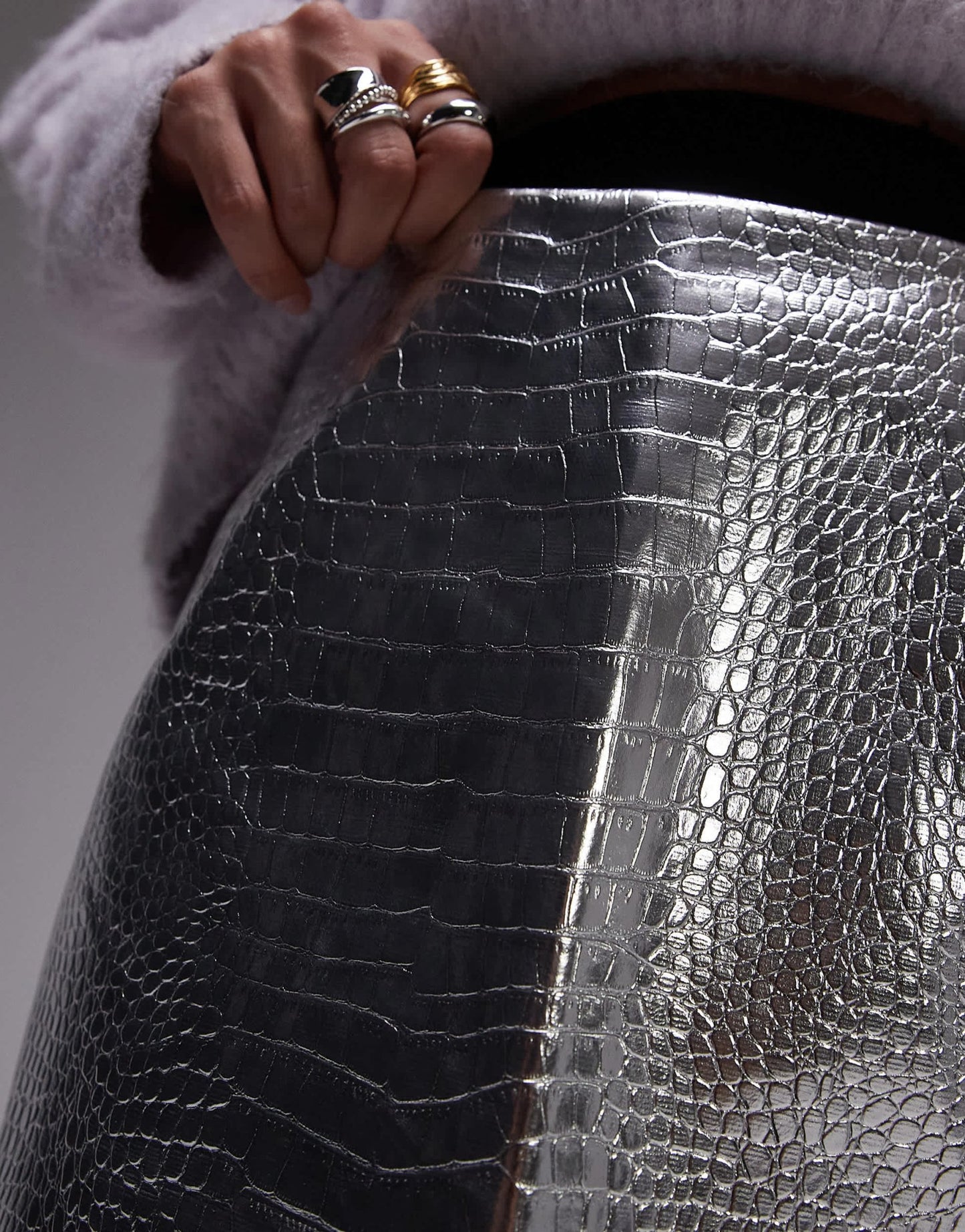 Topshop faux leather editor pelmet in silver snake - ASOS Sample Sale
