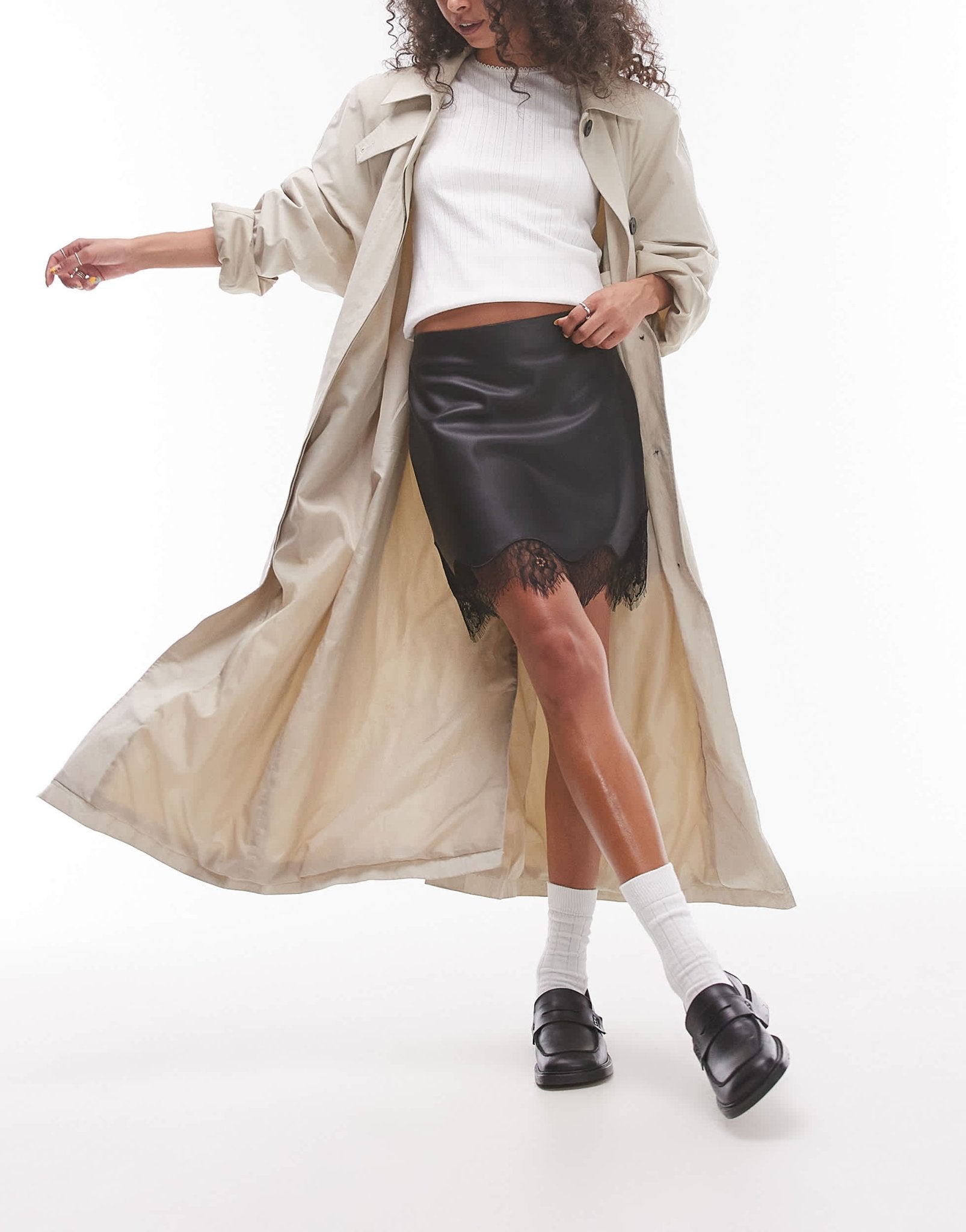 Topshop faux leather lace insert mini skirt in black - ASOS Sample Sale