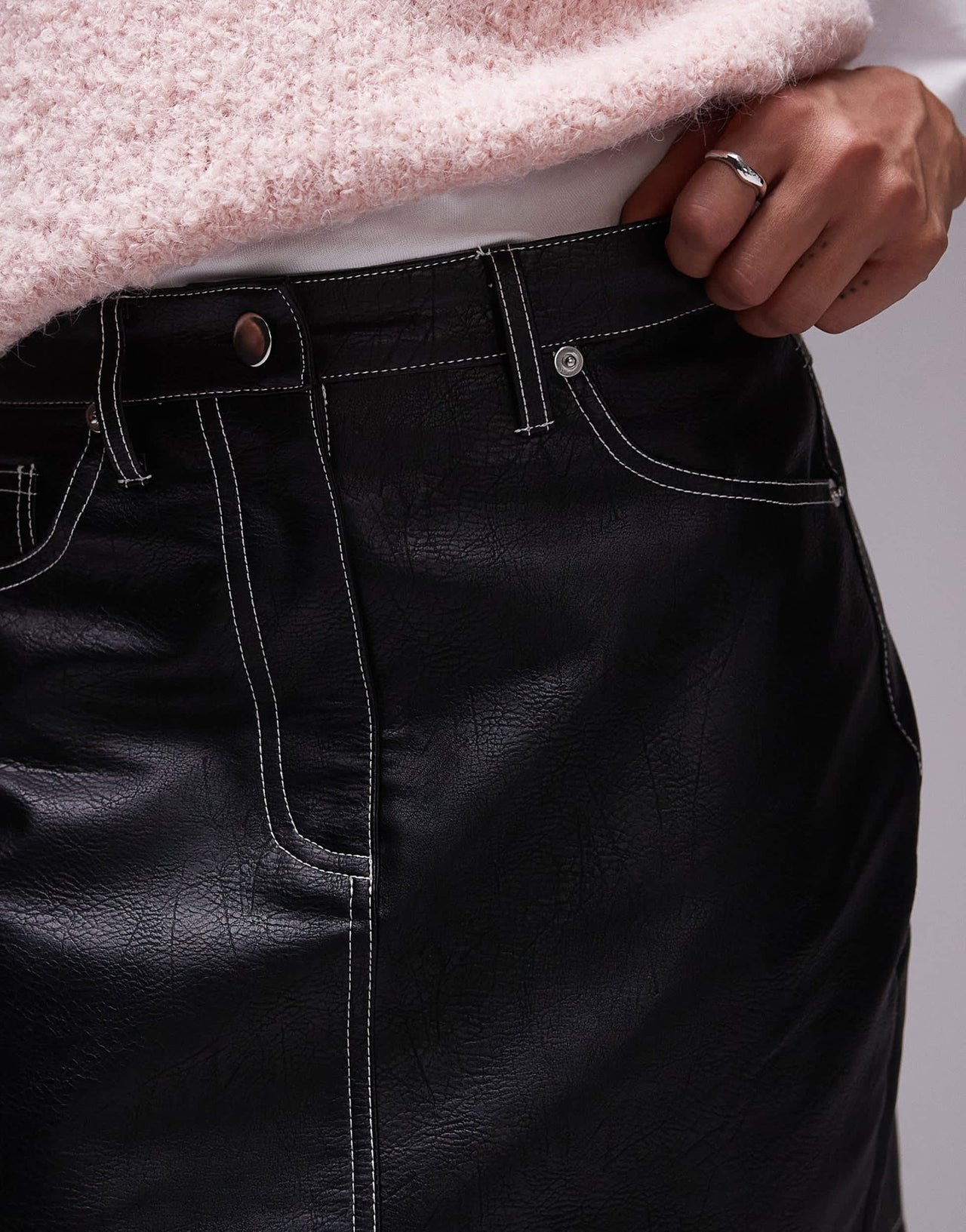 Topshop Faux leather mini skirt in black with contrast stitching - ASOS Sample Sale