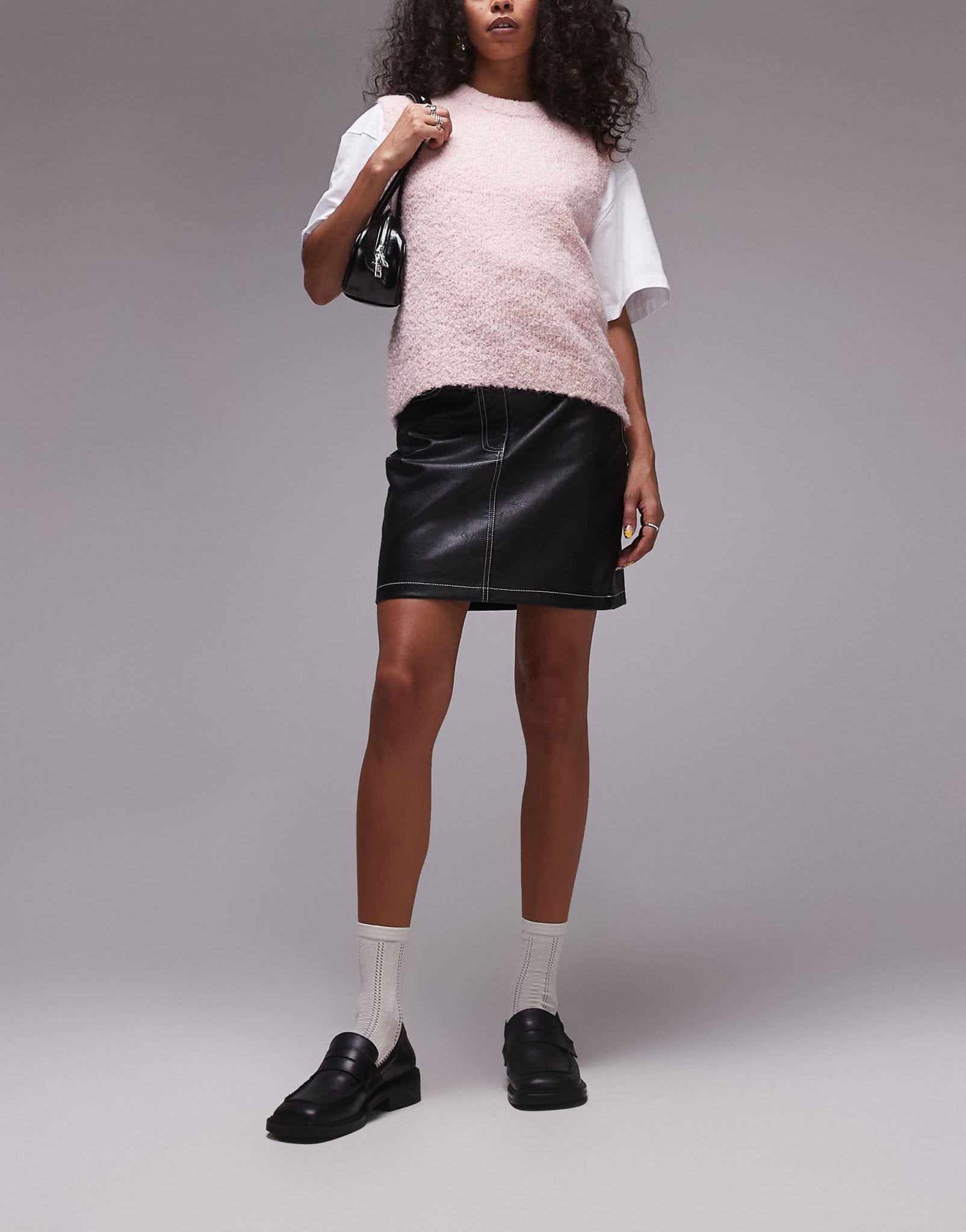 Topshop Faux leather mini skirt in black with contrast stitching - ASOS Sample Sale