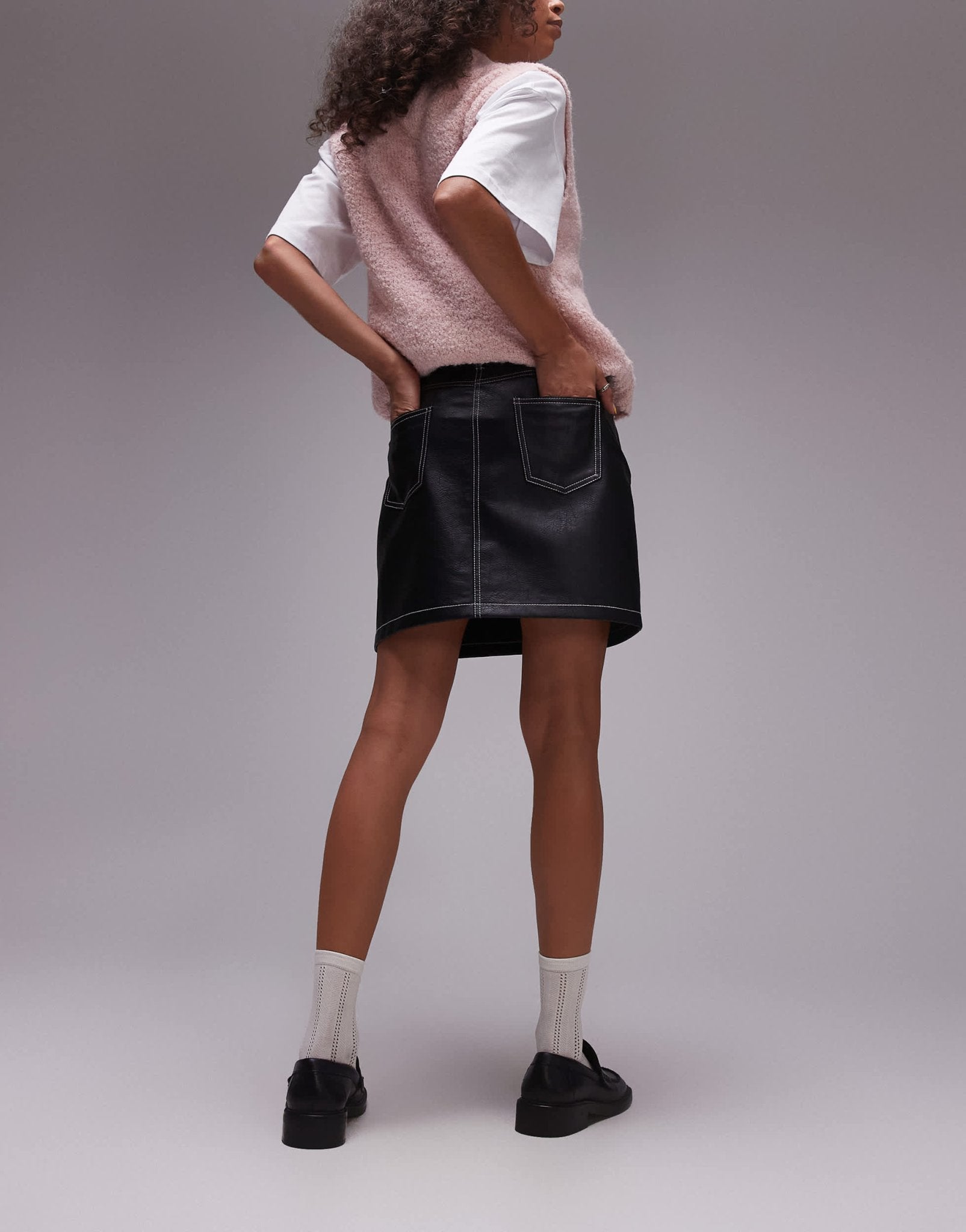 Topshop Faux leather mini skirt in black with contrast stitching - ASOS Sample Sale