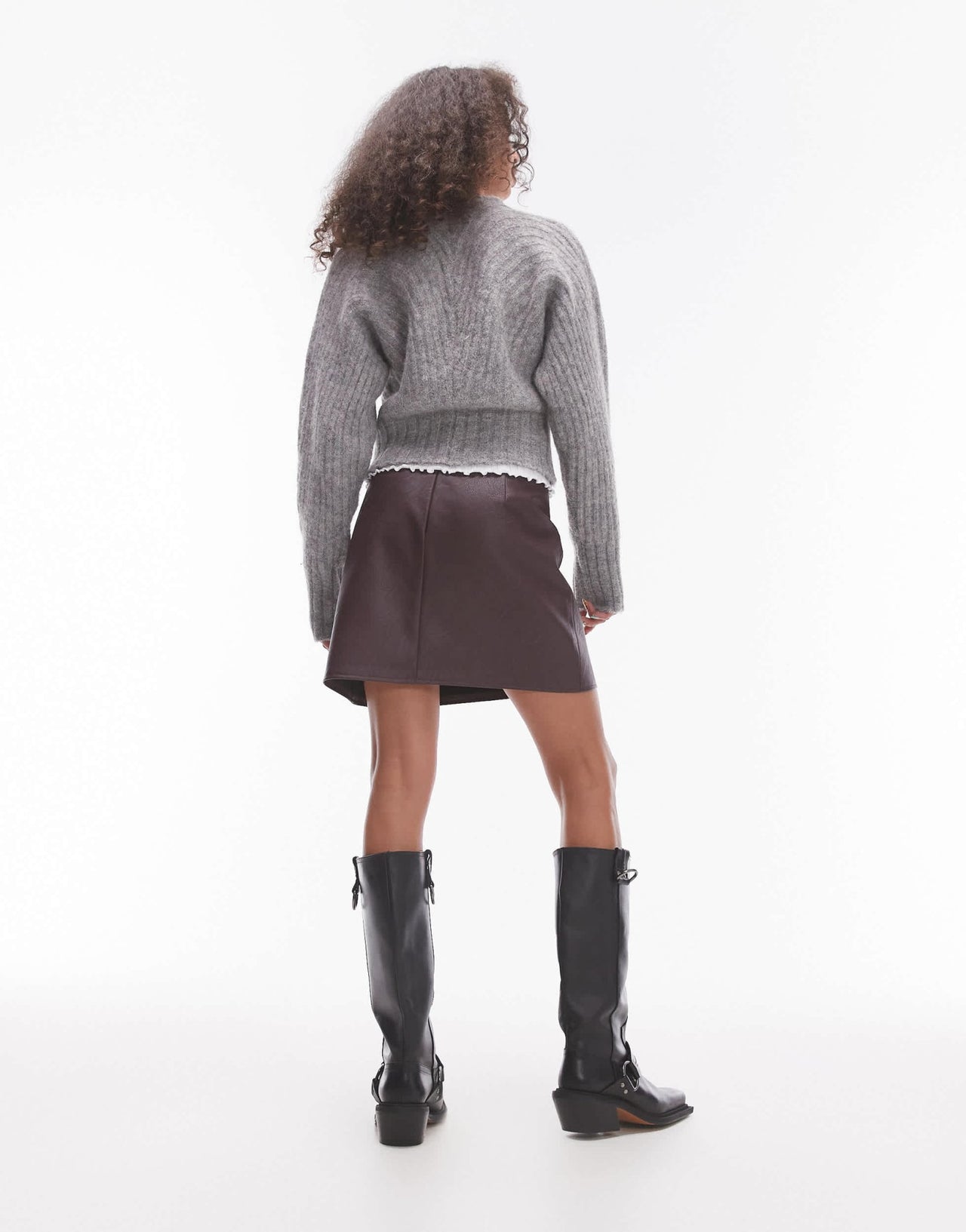 Topshop faux leather panelled seam pelmet skirt in burgundy - ASOS Sample Sale