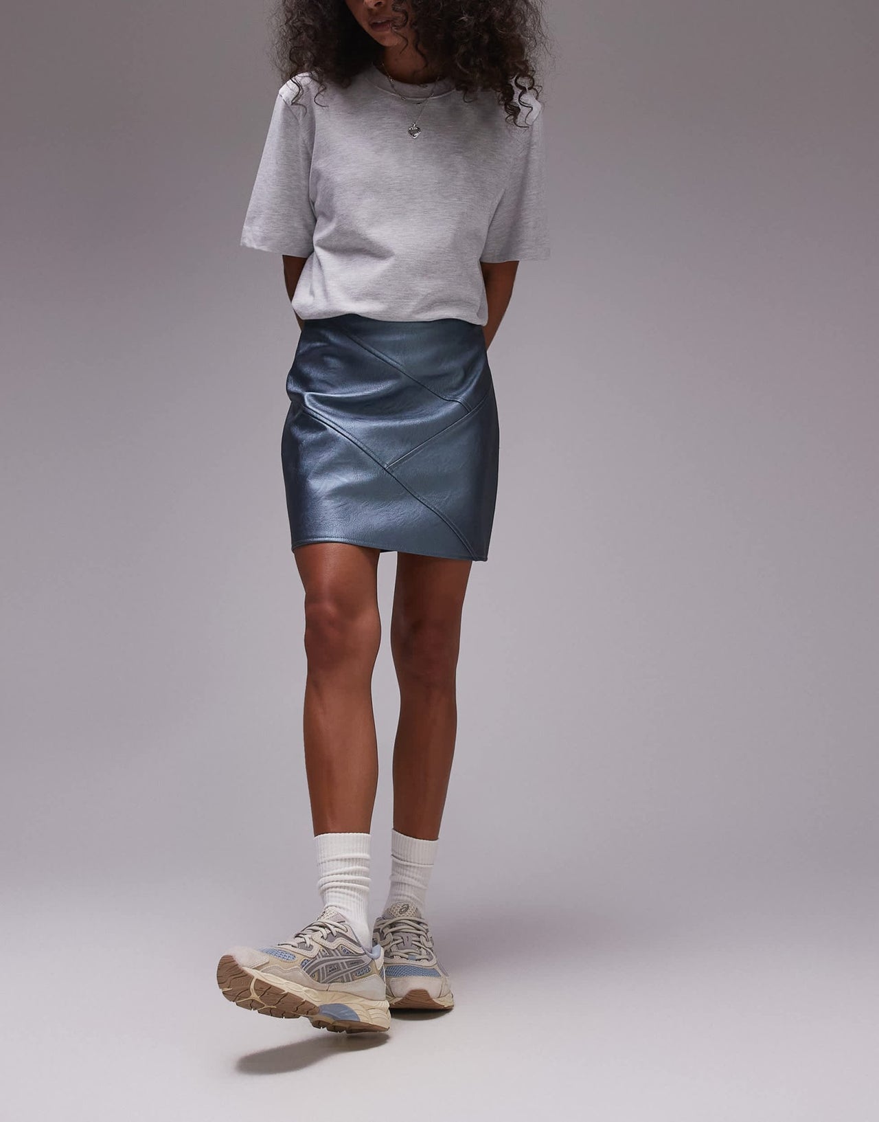 Topshop faux leather panelled seam pelmet skirt in metallic airforce blue - ASOS Sample Sale