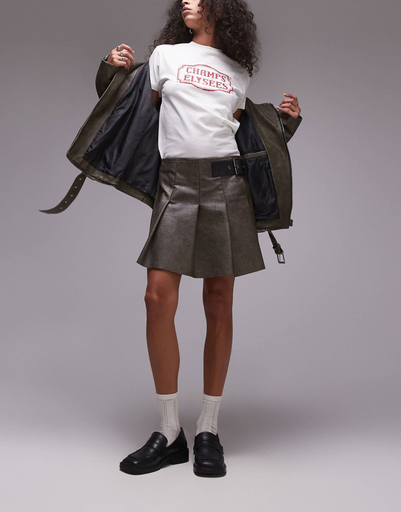 Topshop faux leather pleat low rise mini skirt in washed dark brown - ASOS Sample Sale