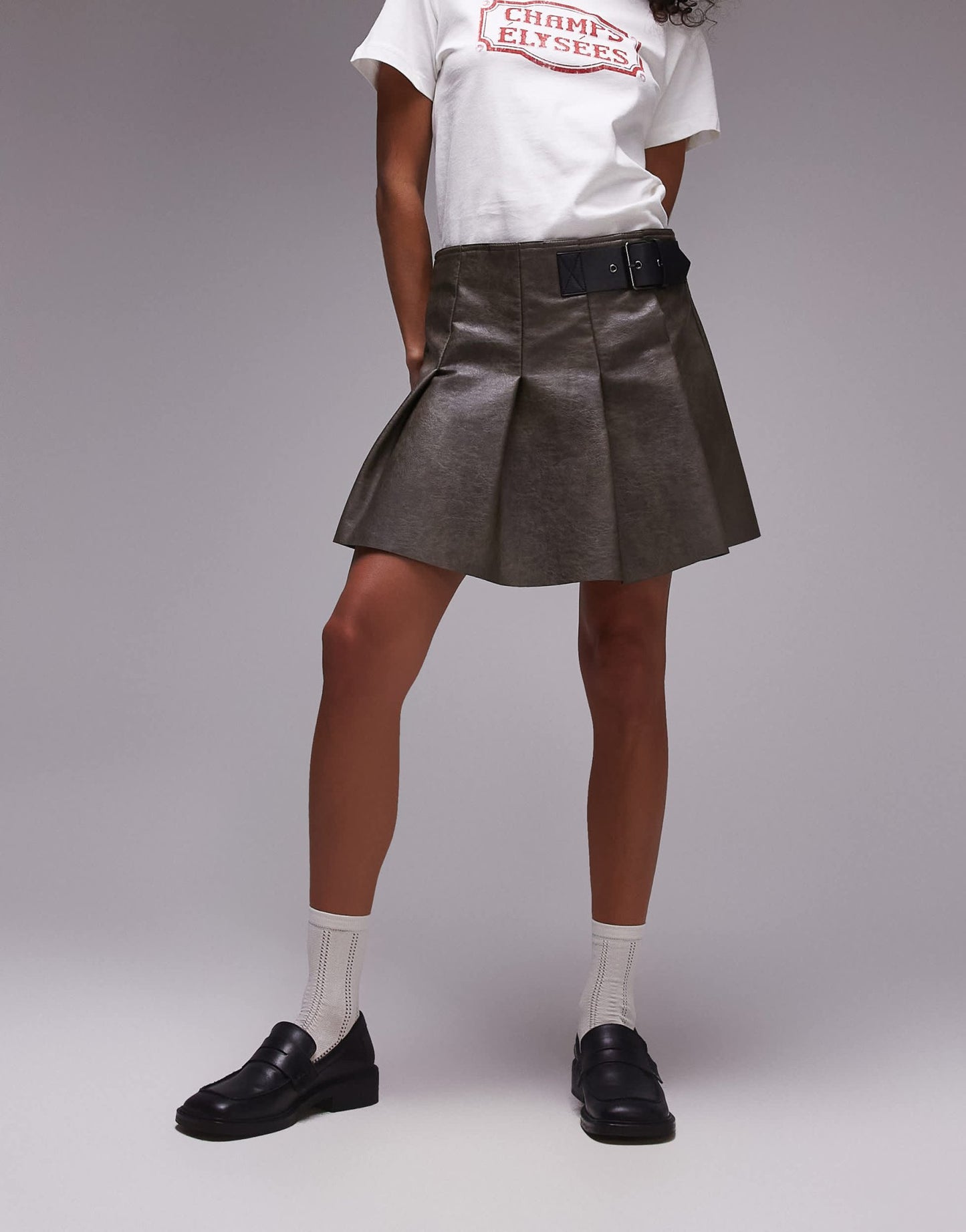 Topshop faux leather pleat low rise mini skirt in washed dark brown - ASOS Sample Sale