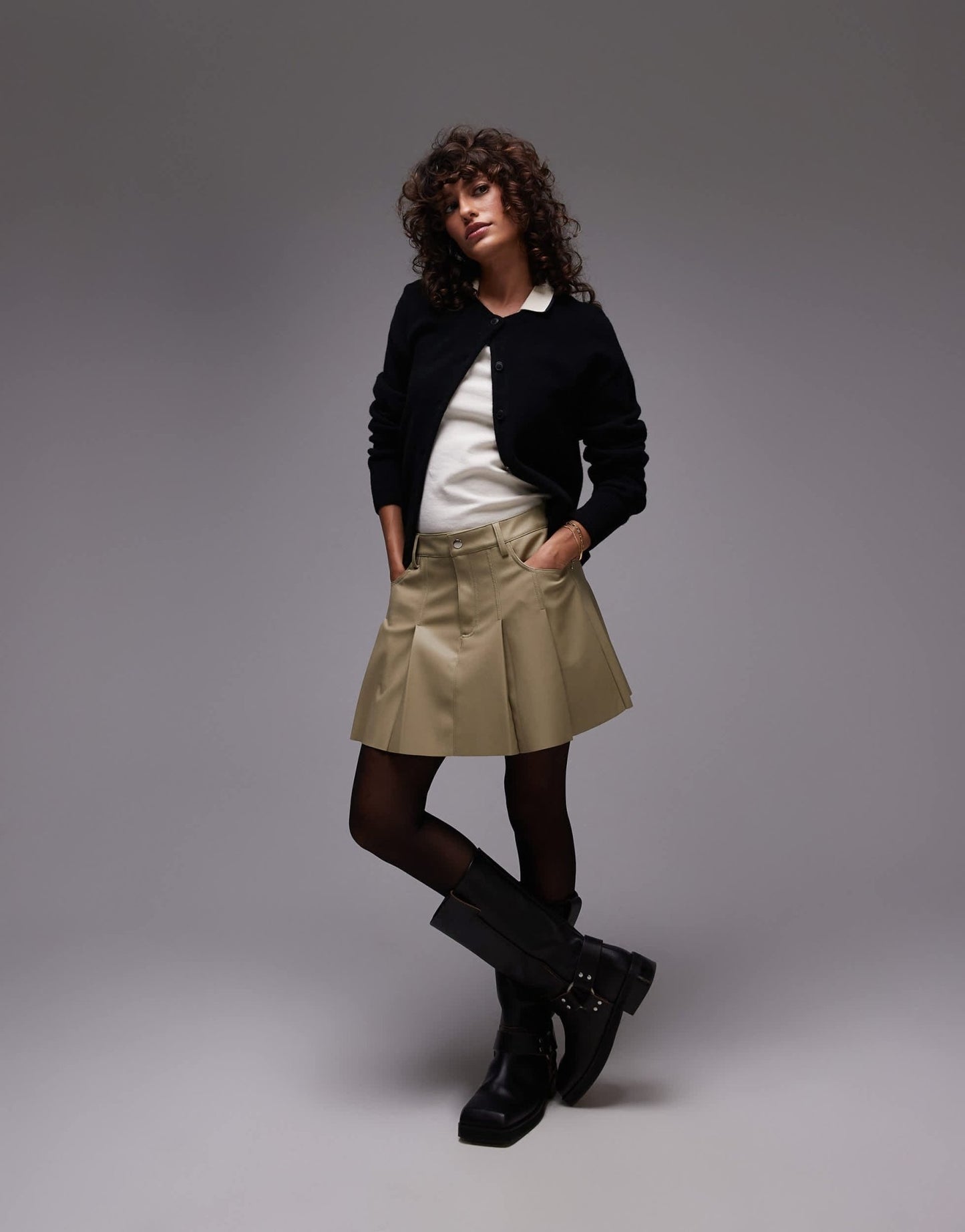 Topshop faux leather pocket pleat mini in sage - ASOS Sample Sale